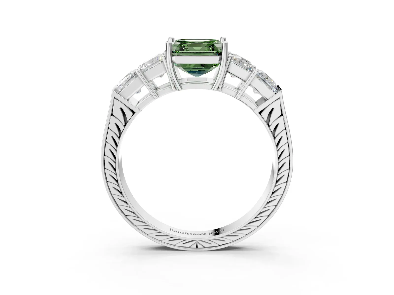 Fancy Green Asscher Cut Solitaire Princess Side Stone Engraved Band Prong Setting Ring Platinum