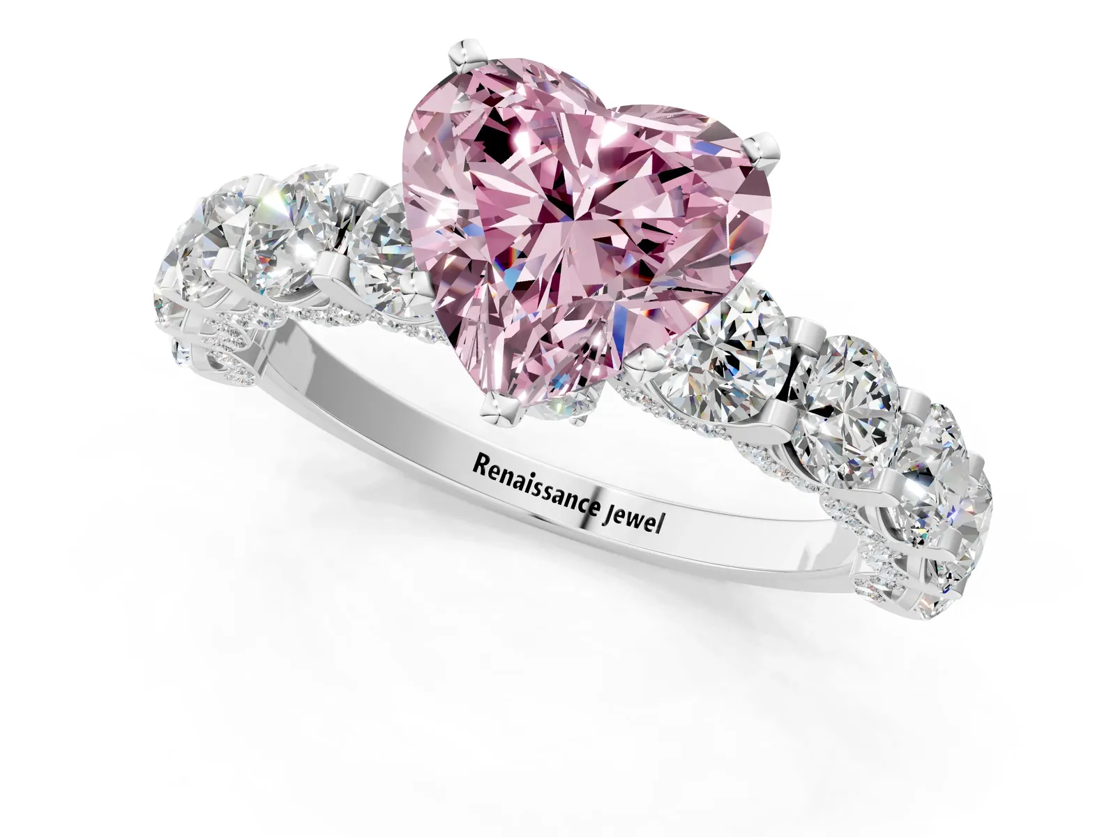 Fancy Pink Heart Cut Diamond Side Stone Engagement Ring with Four-Prong Setting Platinum