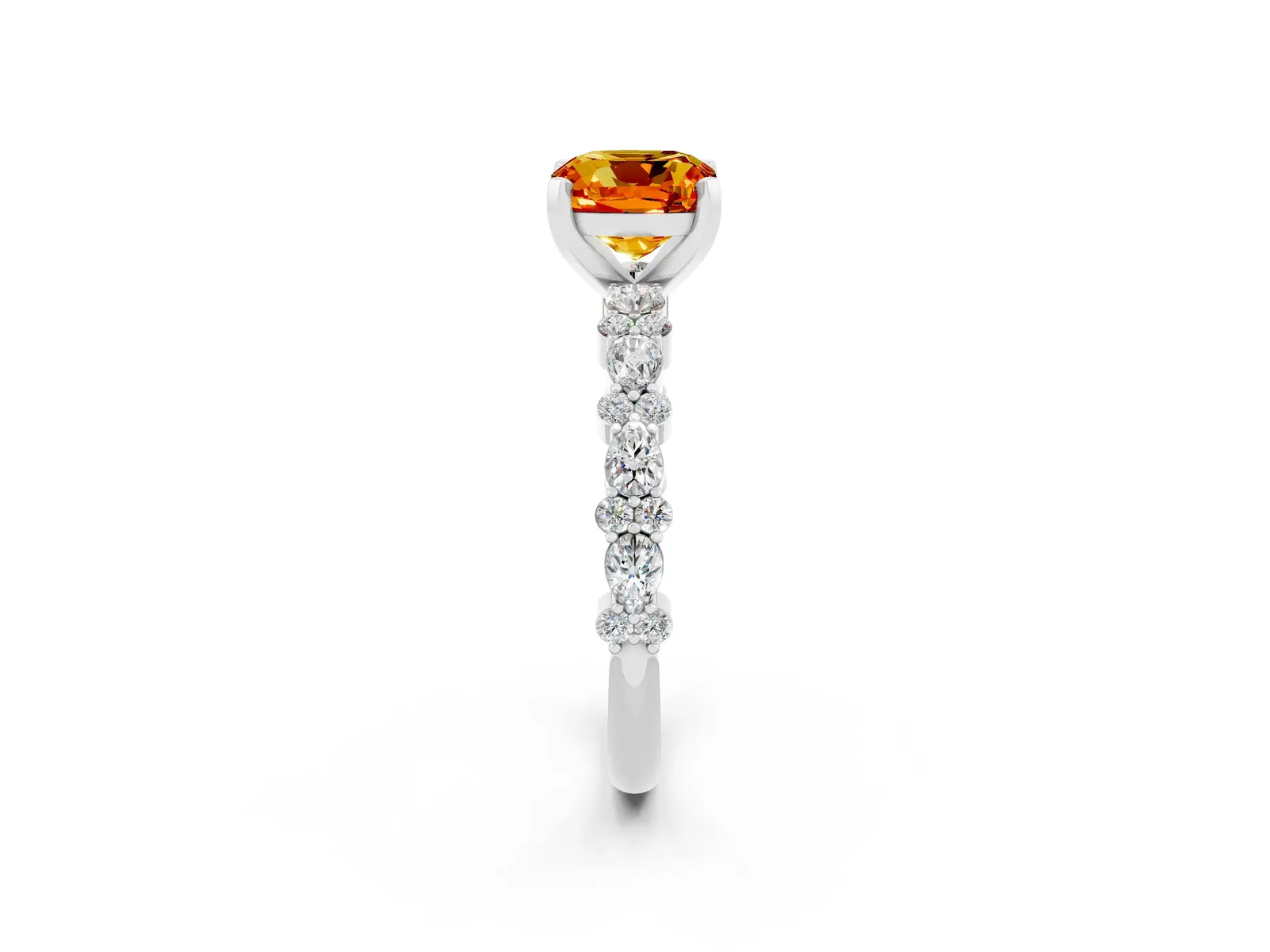 Cushion Cut Citrine Side Stone Solitaire Ring with Round and Four-Prong Setting Platinum