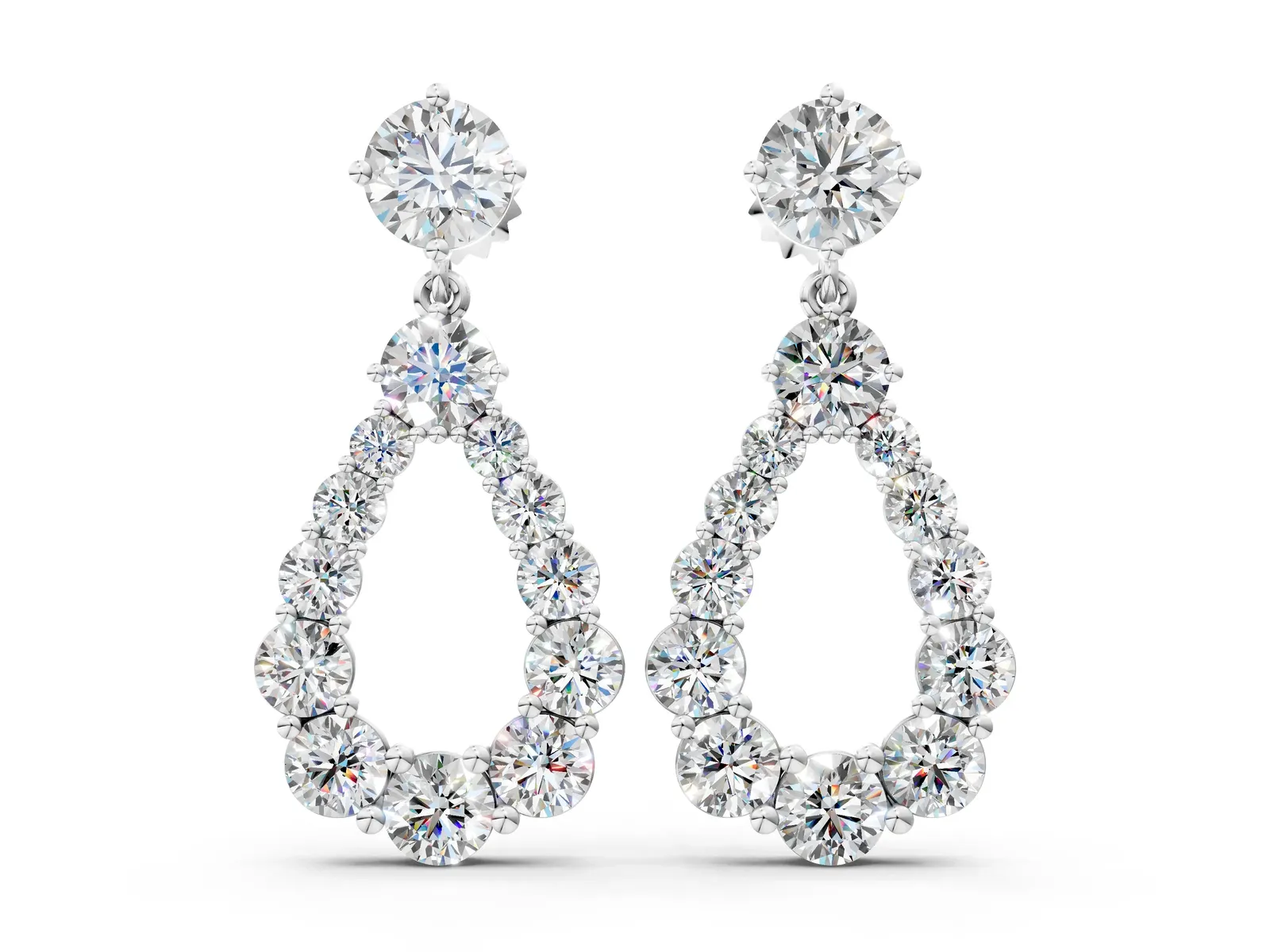 Round Cut Diamond Graduated Shared Prong Drop Earrings Platinum