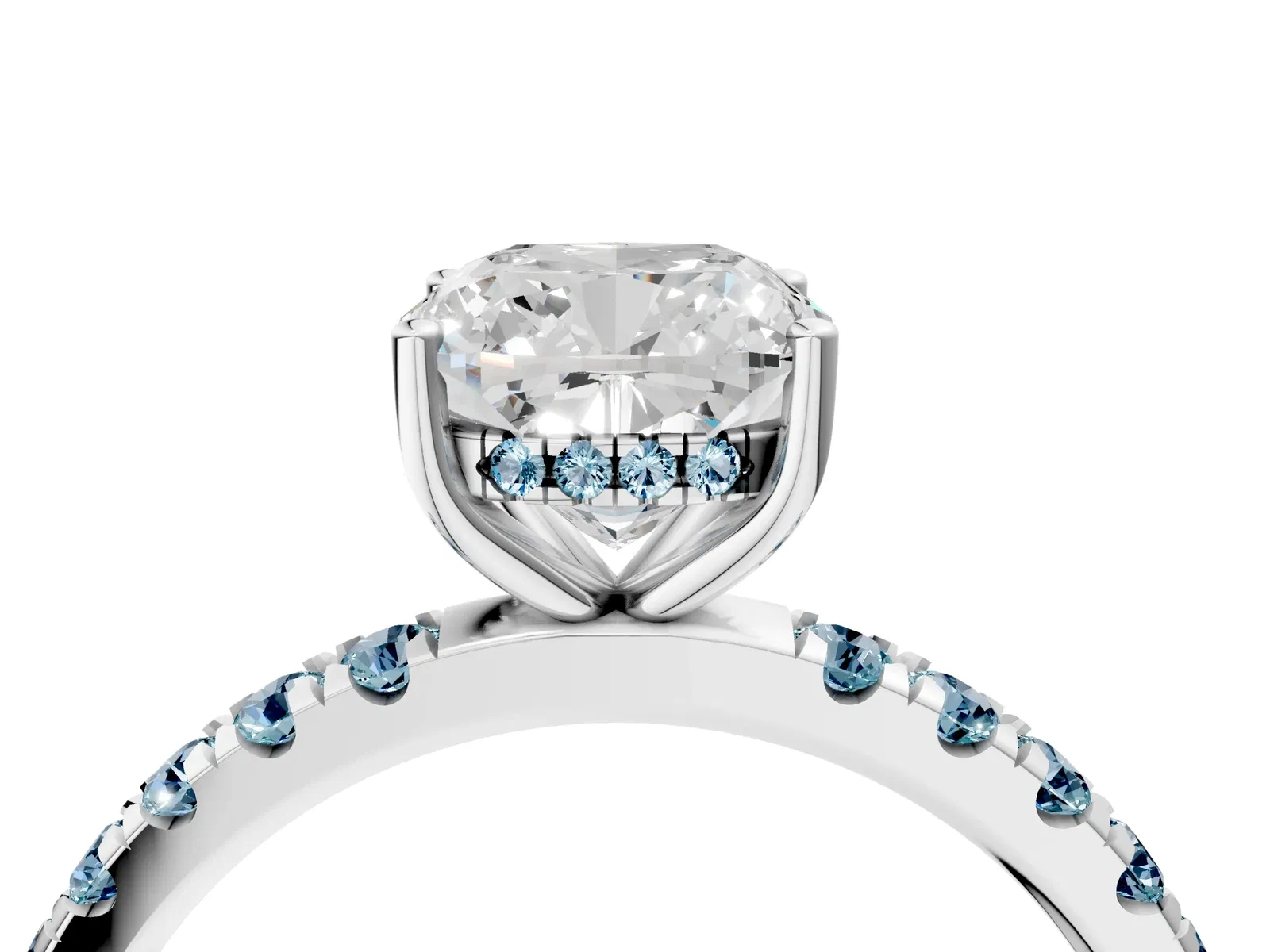 Cushion Cut Diamond Pave Band Solitaire Ring with Round Aquamarine and Prong Setting Platinum