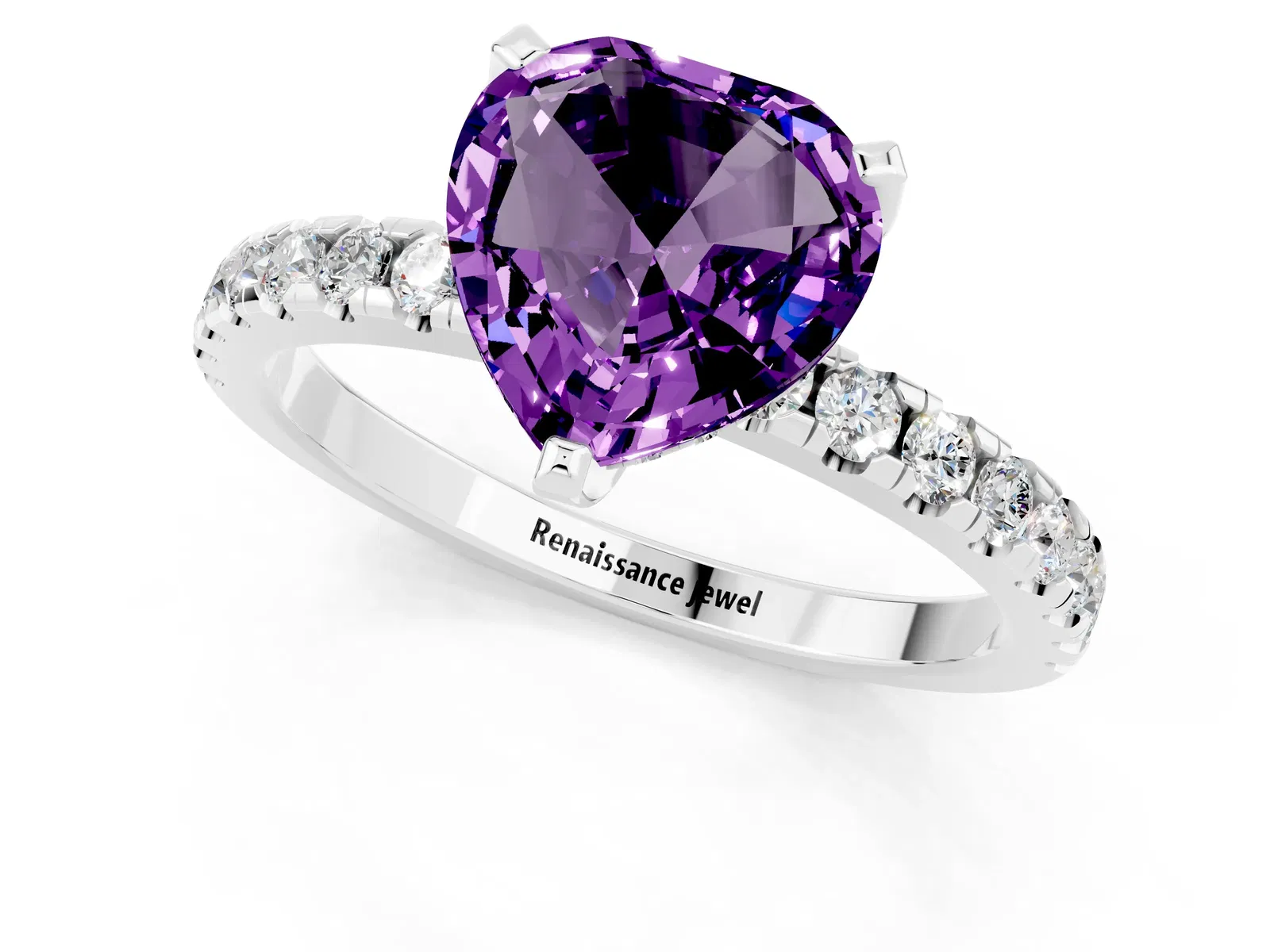 Heart Cut Amethyst Solitaire Ring with Round Pavé Band and Four-Prong Setting Platinum