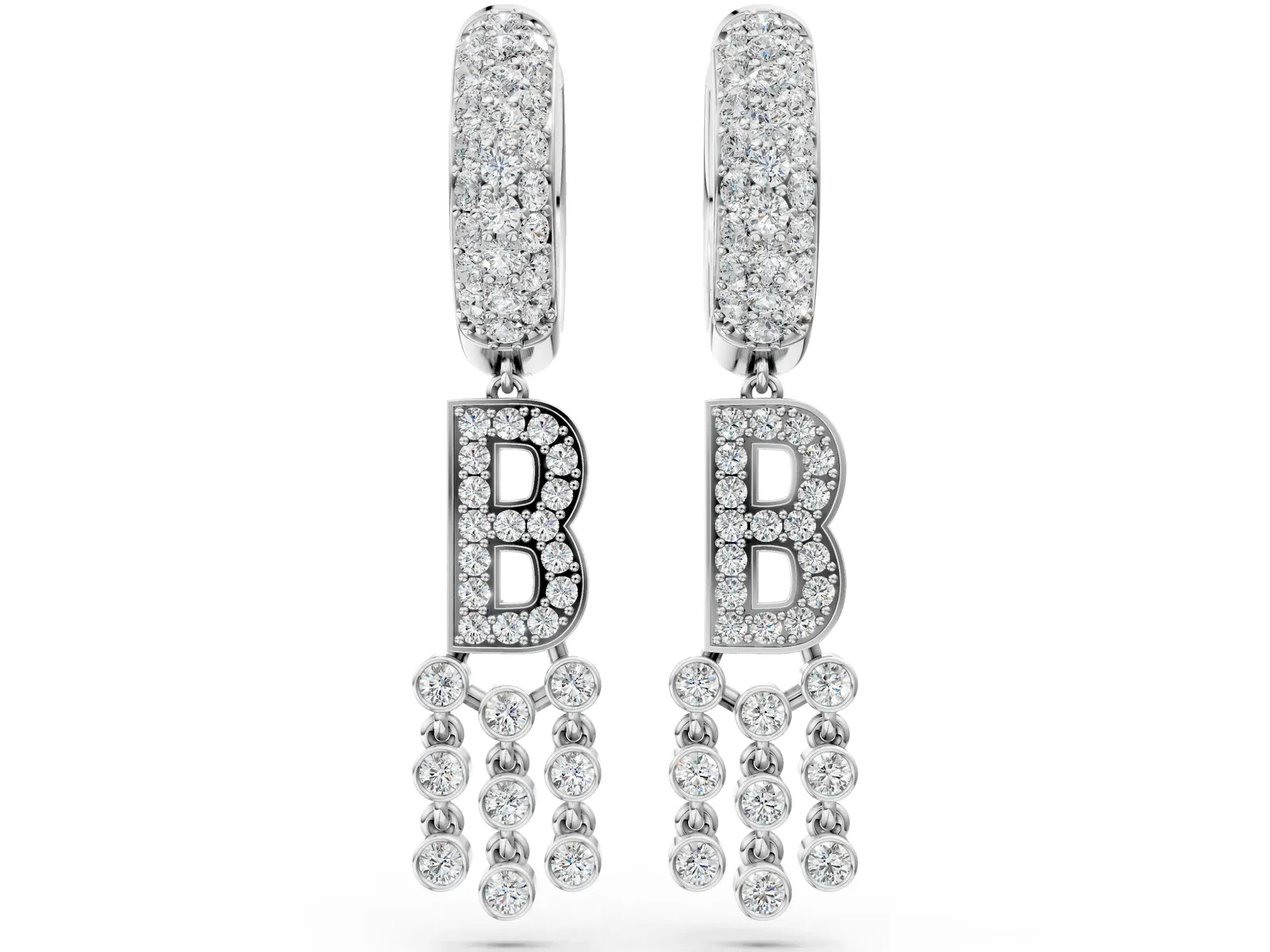 Round Diamond Initial B Huggie Hoop Earrings Silver