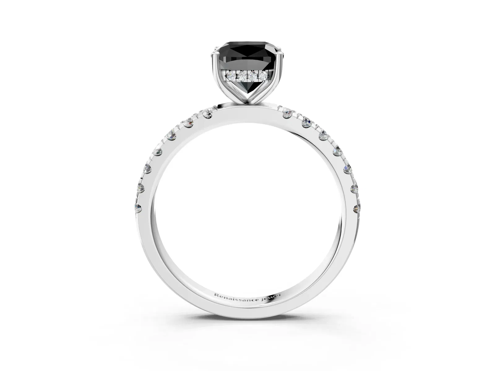 Fancy Black Cushion Cut Diamond Pave Band Solitaire Ring with Round and Prong Setting Platinum