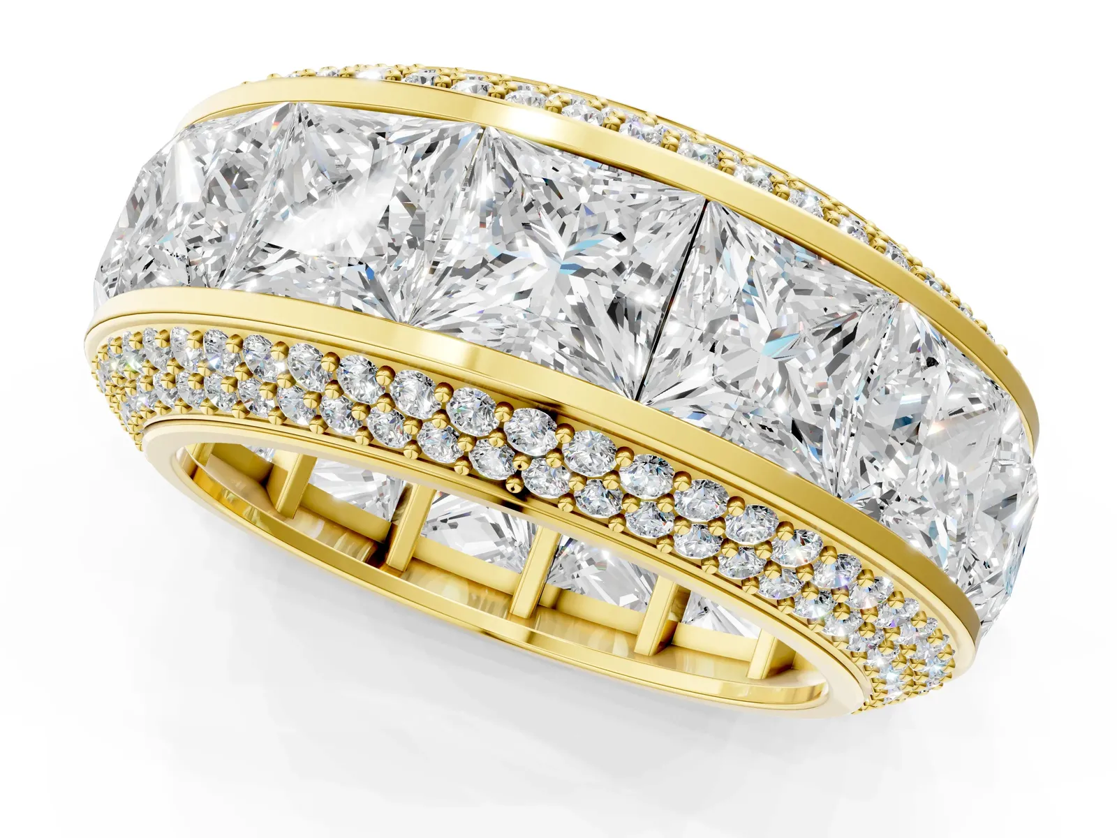 Princess Diamond Pavé Mens Wedding Band with Round Diamond Accents Yellow gold