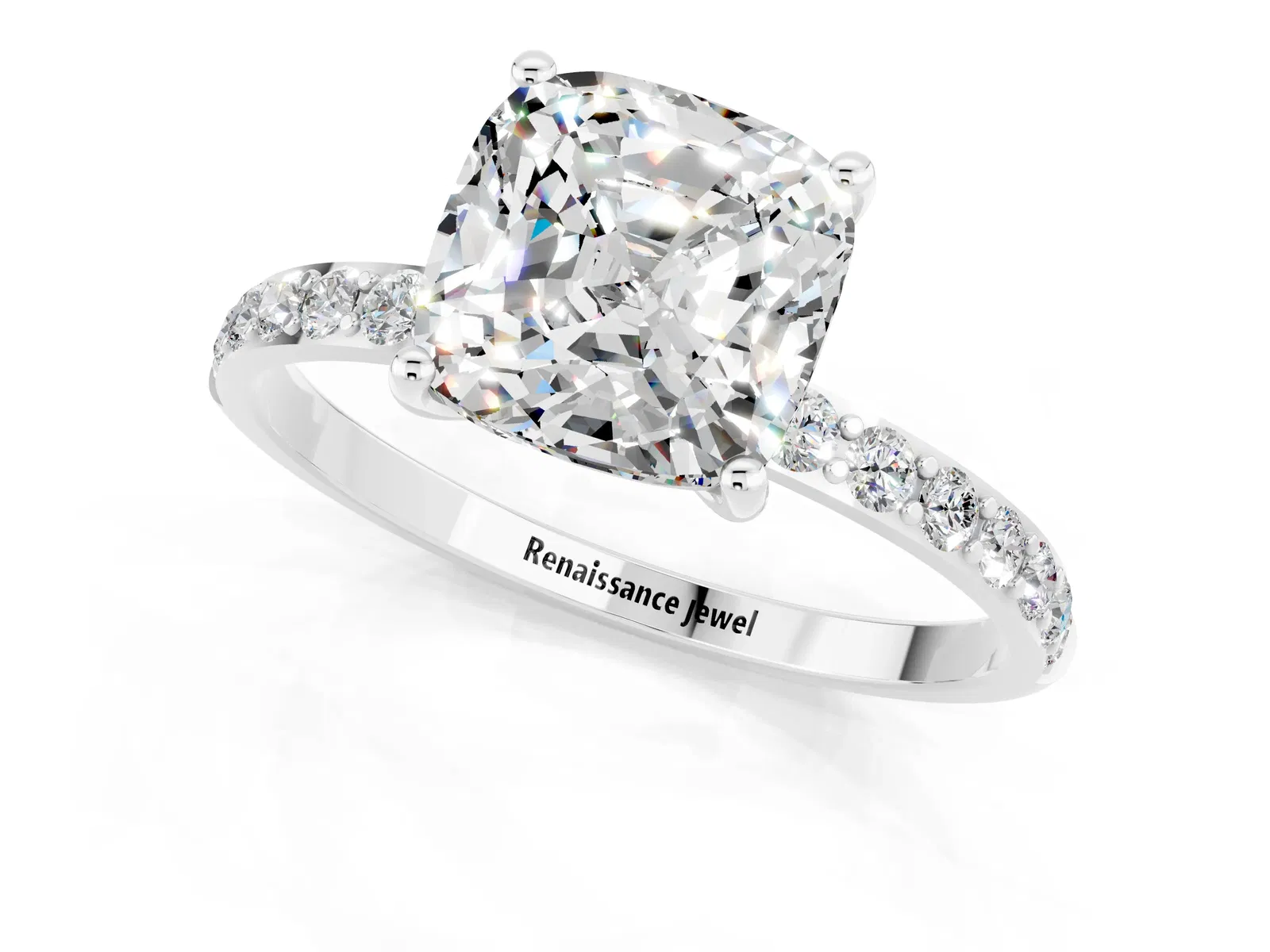 Cushion Cut Moissanite Solitaire Ring with Round Pavé Band and Prong Setting Platinum