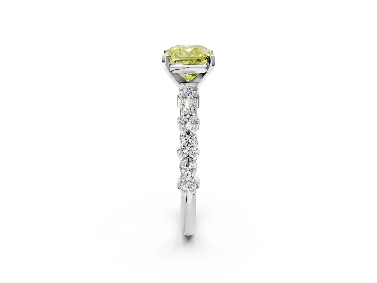 Fancy Yellow Cushion Cut Diamond Side Stone Solitaire Ring with Round and Four-Prong Setting Platinum