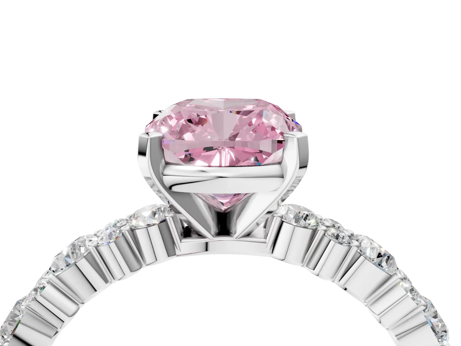 Fancy Pink Cushion Cut Diamond Side Stone Solitaire Ring with Round and Four-Prong Setting Platinum