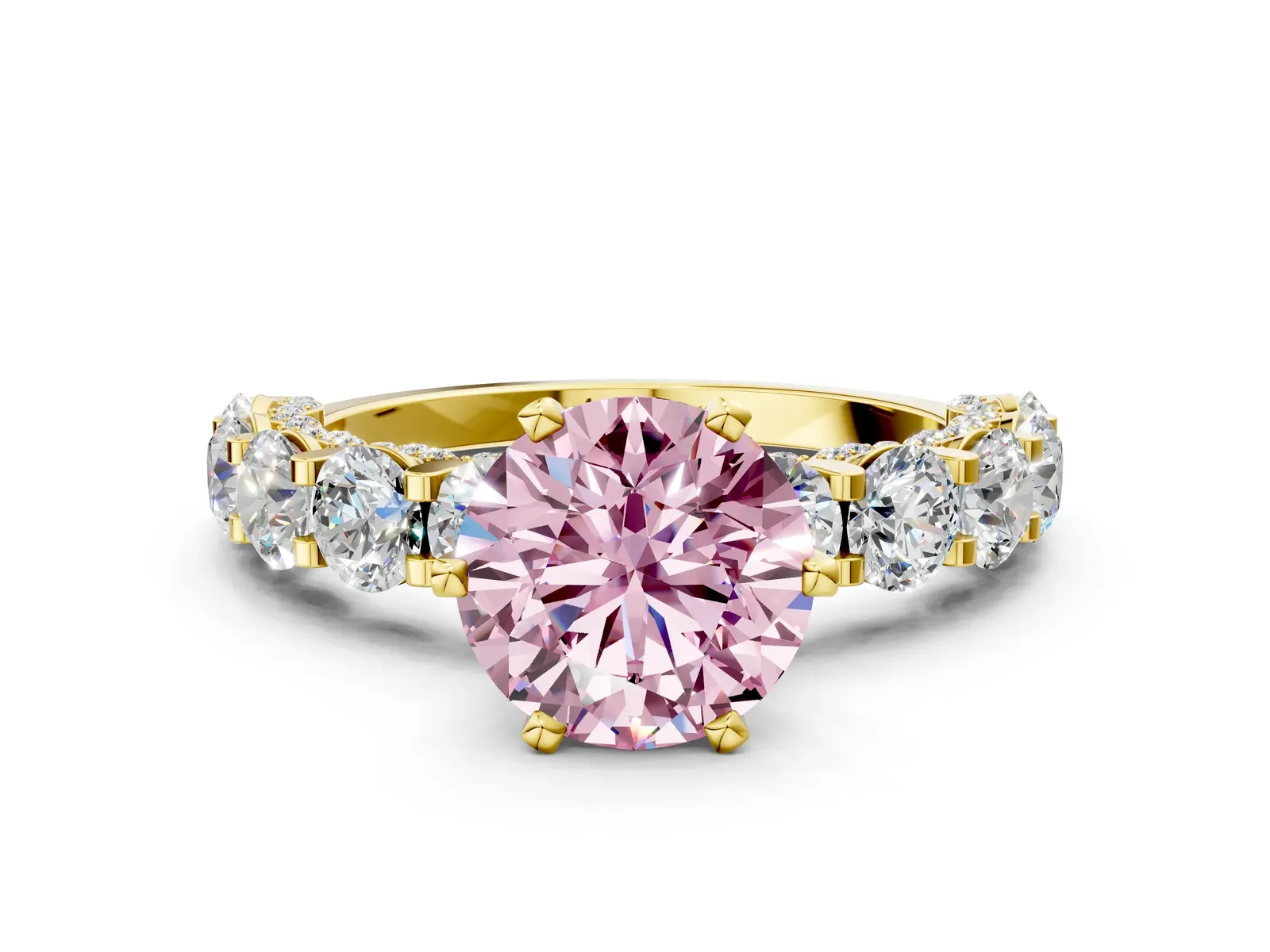 Fancy Pink Round Cut Diamond Side Stone Engagement Ring with Four-Prong Setting Yellow gold