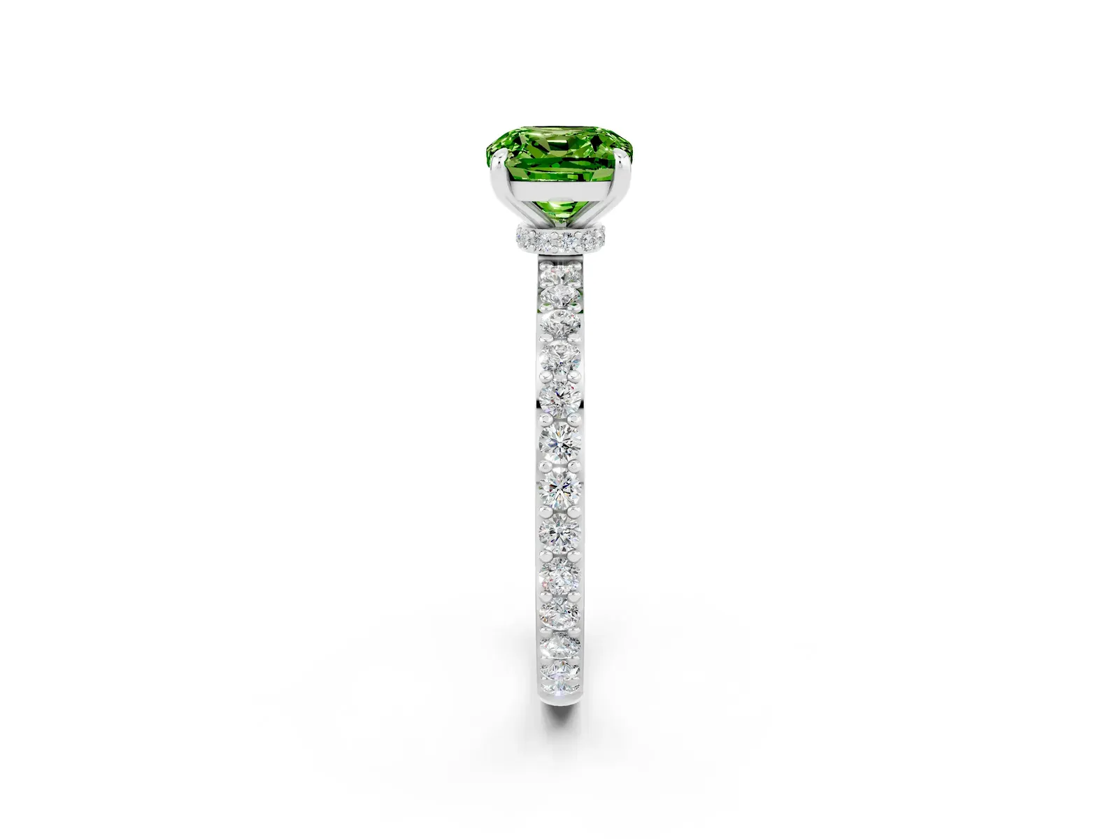 Cushion Cut Peridot Solitaire Engagement Ring with Pavé Band and Four-Prong Setting Platinum