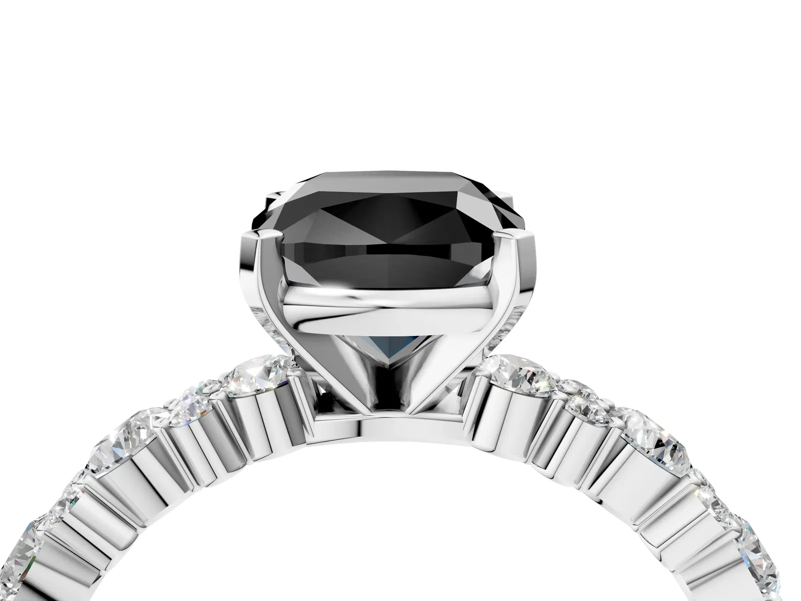 Fancy Black Cushion Cut Diamond Side Stone Solitaire Ring with Round and Four-Prong Setting Platinum