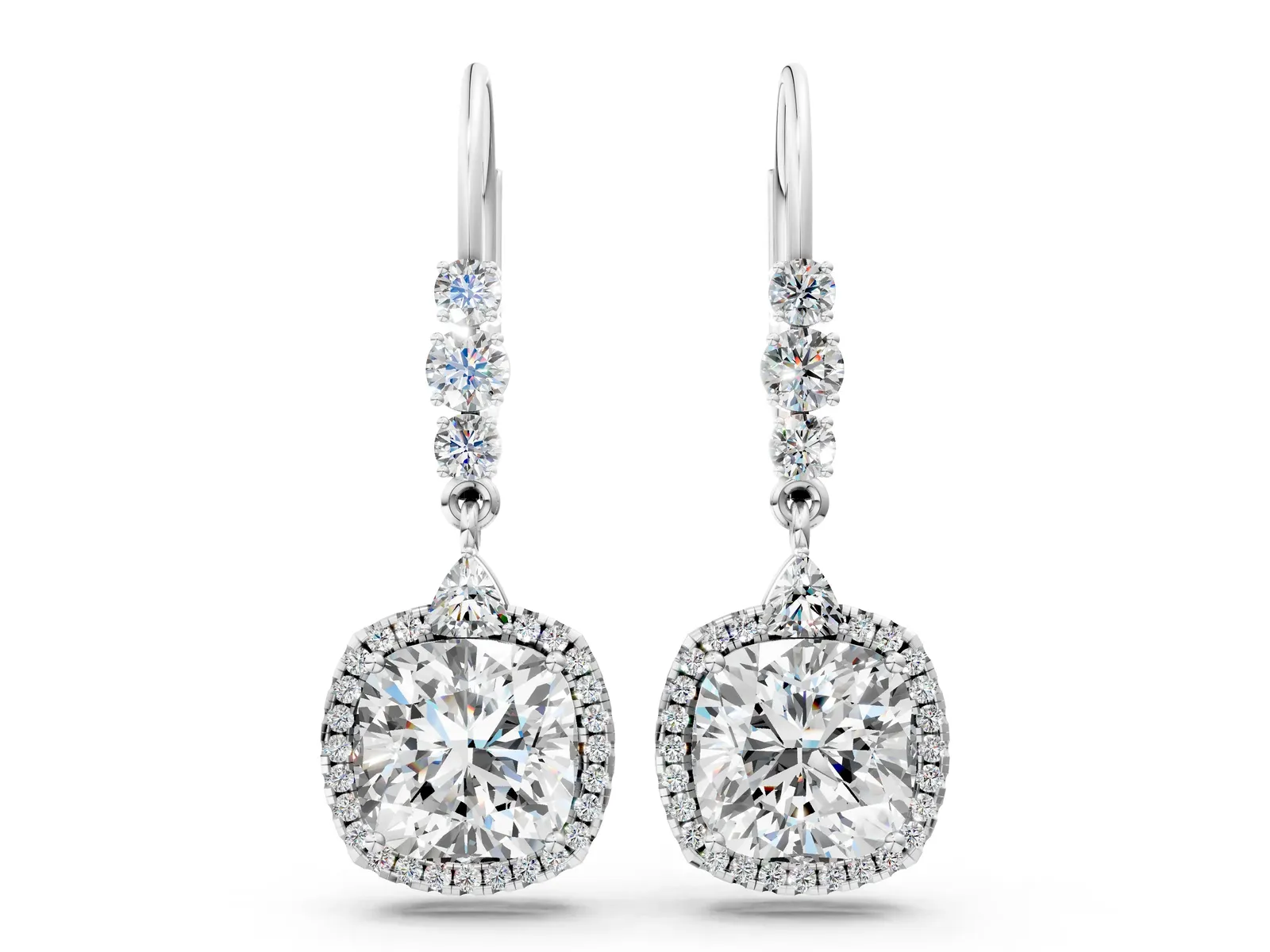 Cushion Diamond Drop Earrings with Trillion Diamond Accents and Round Halo White gold