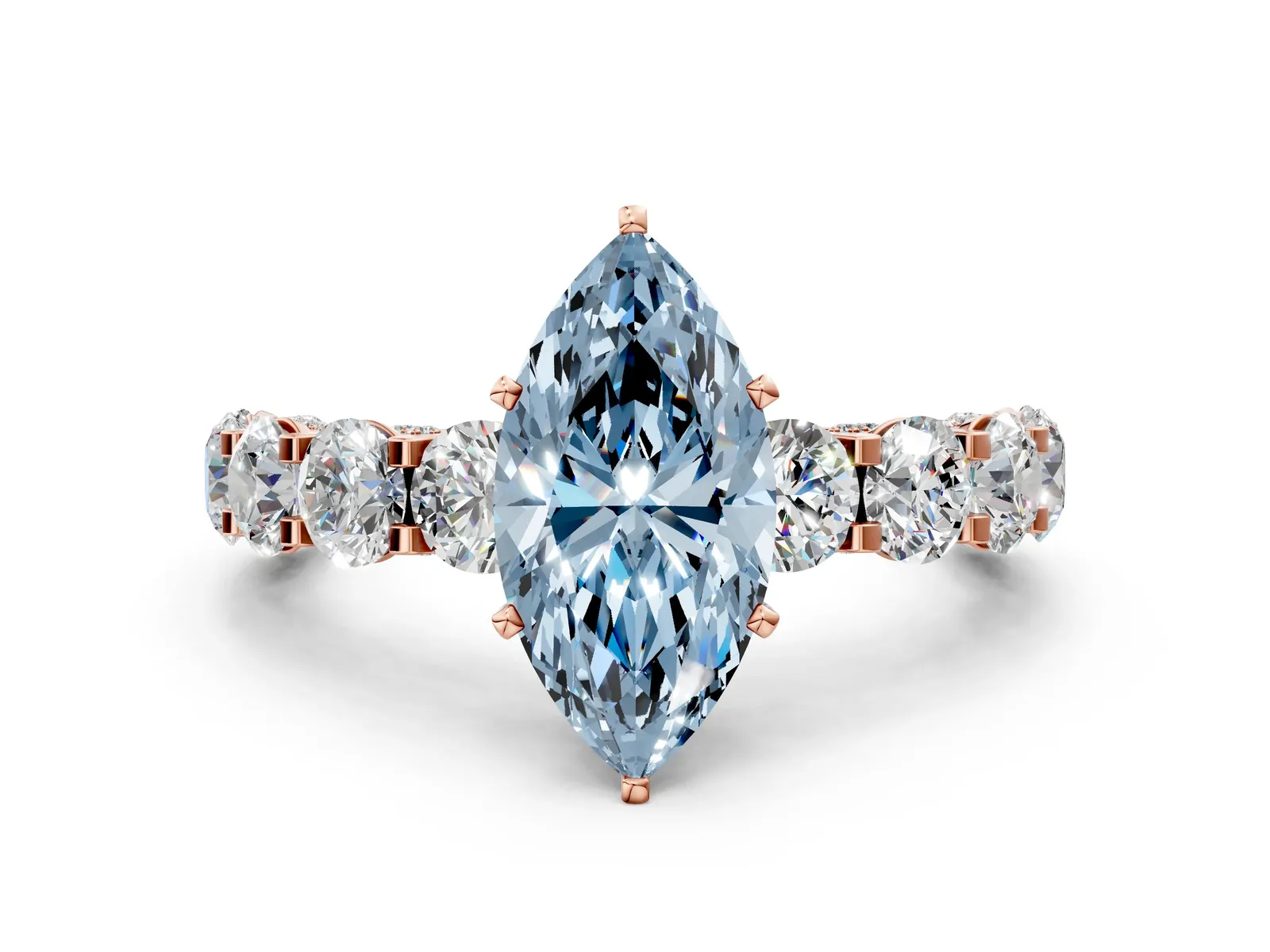 Fancy Blue Marquise Cut Diamond Side Stone Engagement Ring with Four-Prong Setting Rose gold