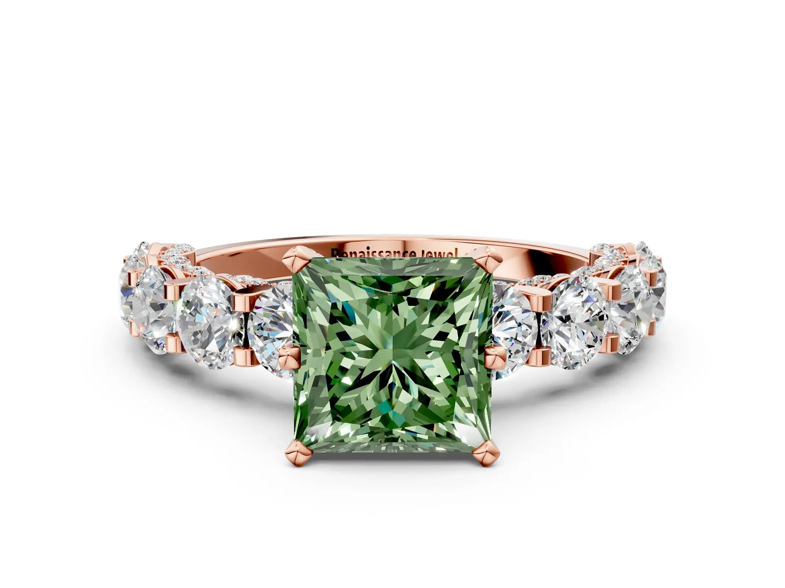 Fancy Green Princess Cut Diamond Side Stone Engagement Ring with Four-Prong Setting Rose gold