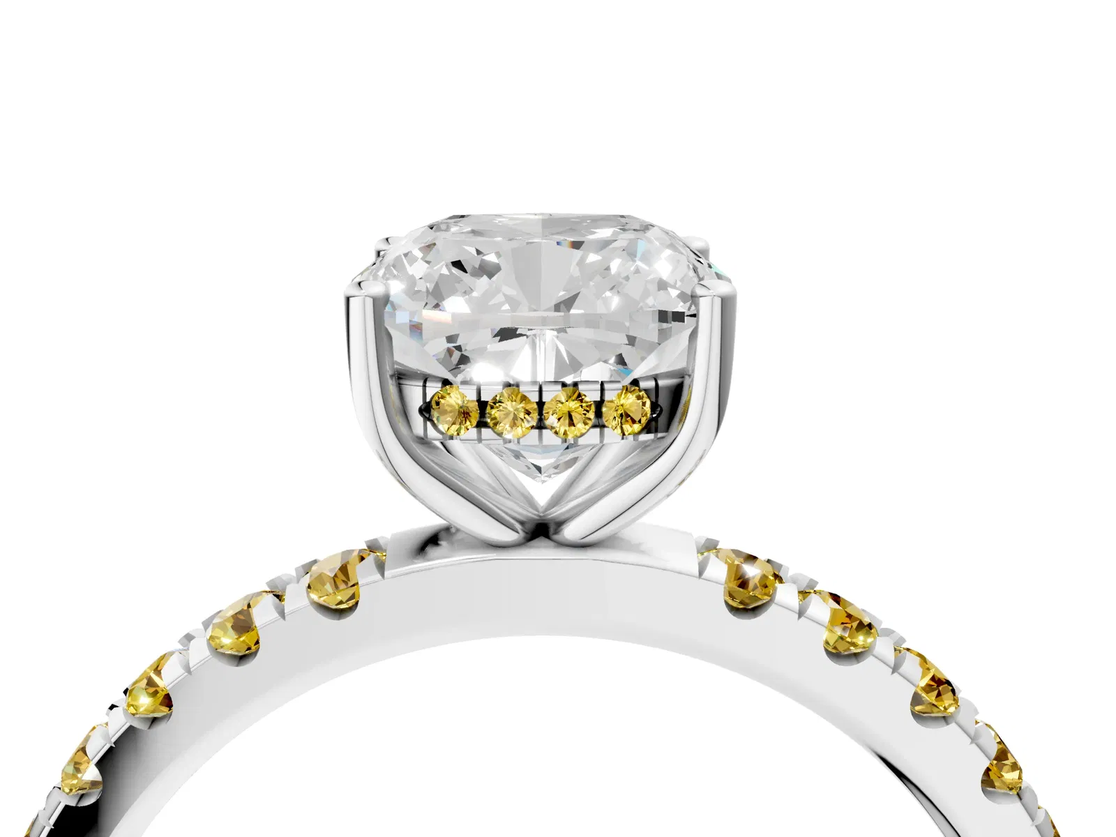 Cushion Cut Diamond Pave Band Solitaire Ring with Round Yellow Sapphire and Prong Setting Platinum