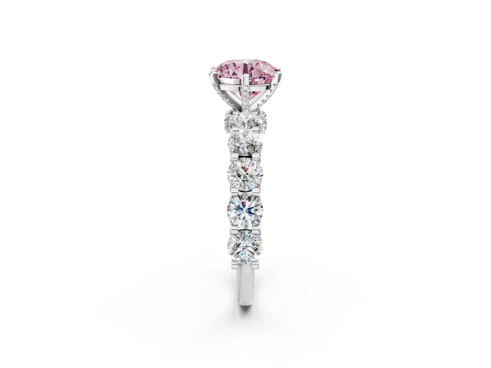 Fancy Pink Round Cut Diamond Side Stone Engagement Ring with Four-Prong Setting Platinum