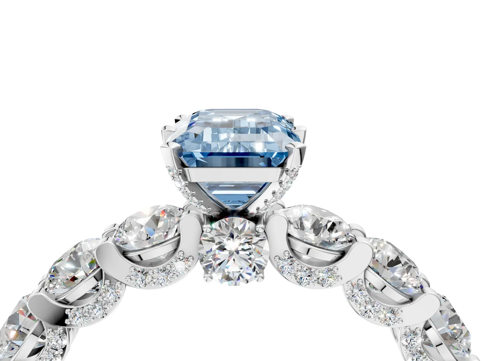 Fancy Blue Emerald Cut Diamond Side Stone Engagement Ring with Four-Prong Setting White gold