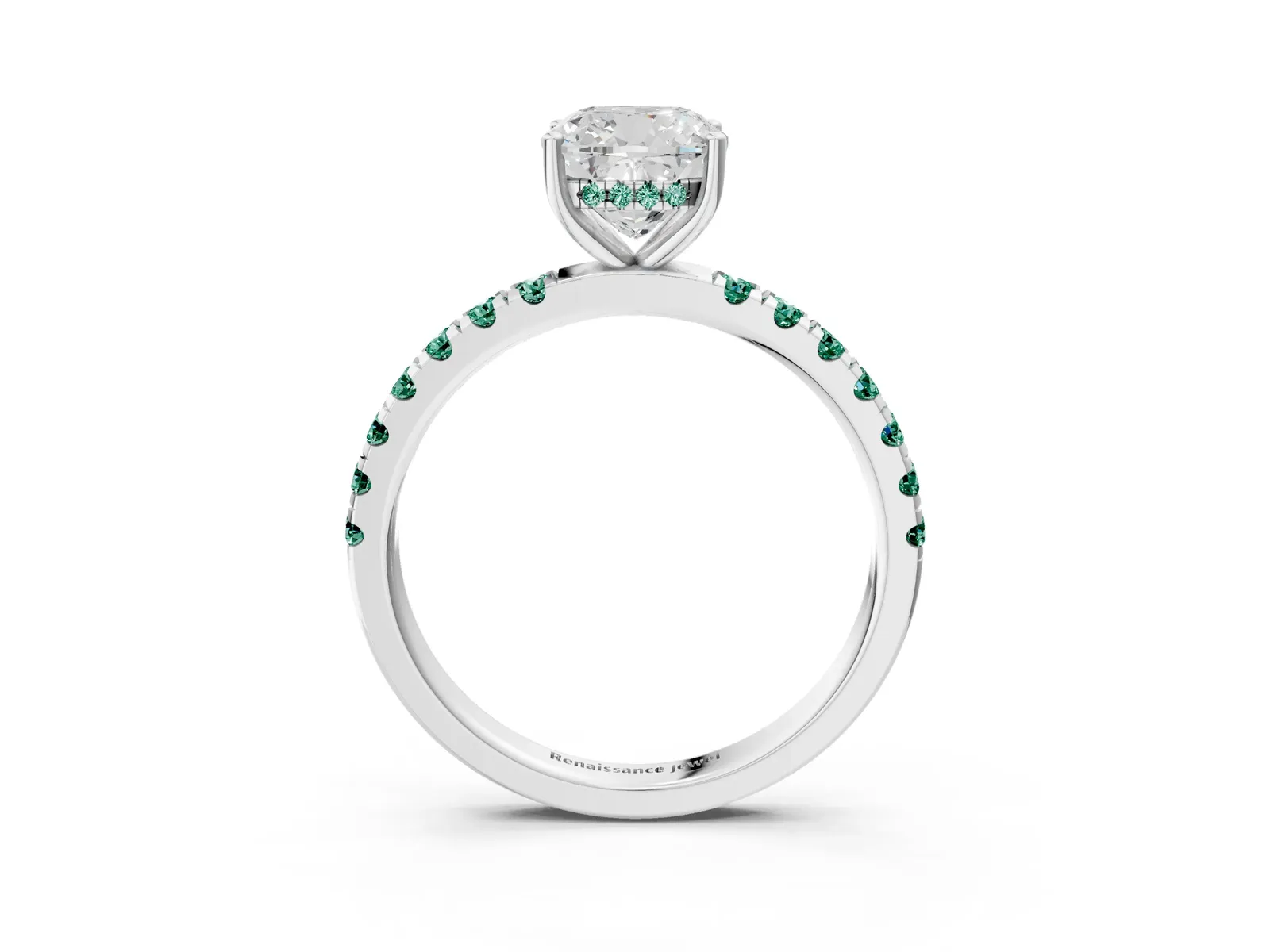 Cushion Cut Diamond Pave Band Solitaire Ring with Round Green Sapphire and Prong Setting Platinum
