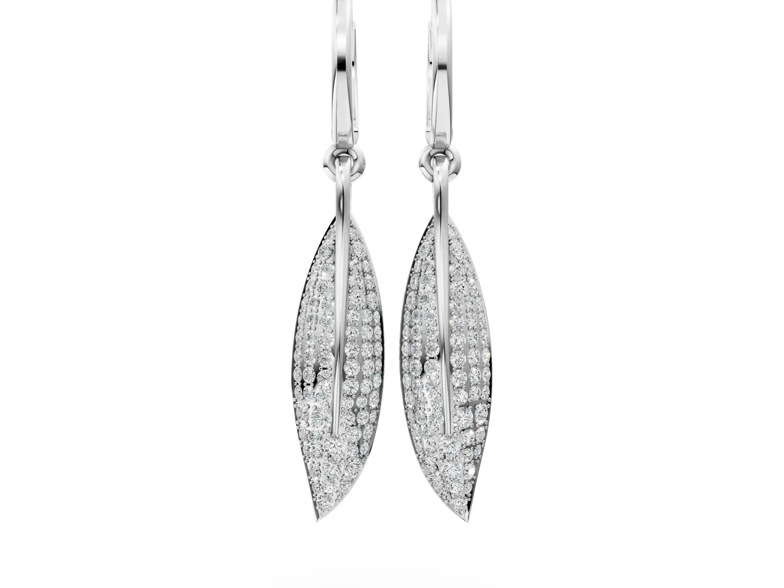 Round Diamond Pavé Leaf Huggie Drop Earrings Silver