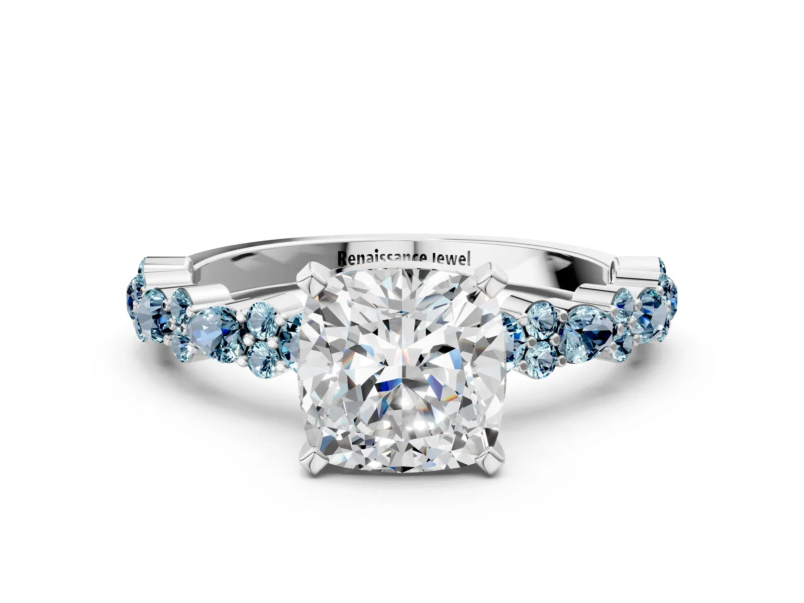 Cushion Cut Diamond Side Stone Solitaire Ring with Round Aquamarine and Four-Prong Setting Platinum