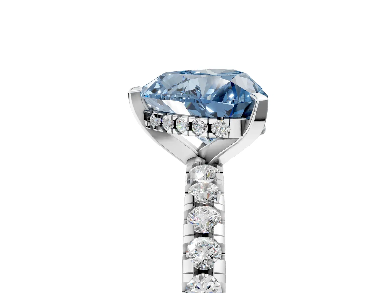 Fancy Blue Heart Cut Diamond Solitaire Ring with Round Pavé Band and Four-Prong Setting Platinum