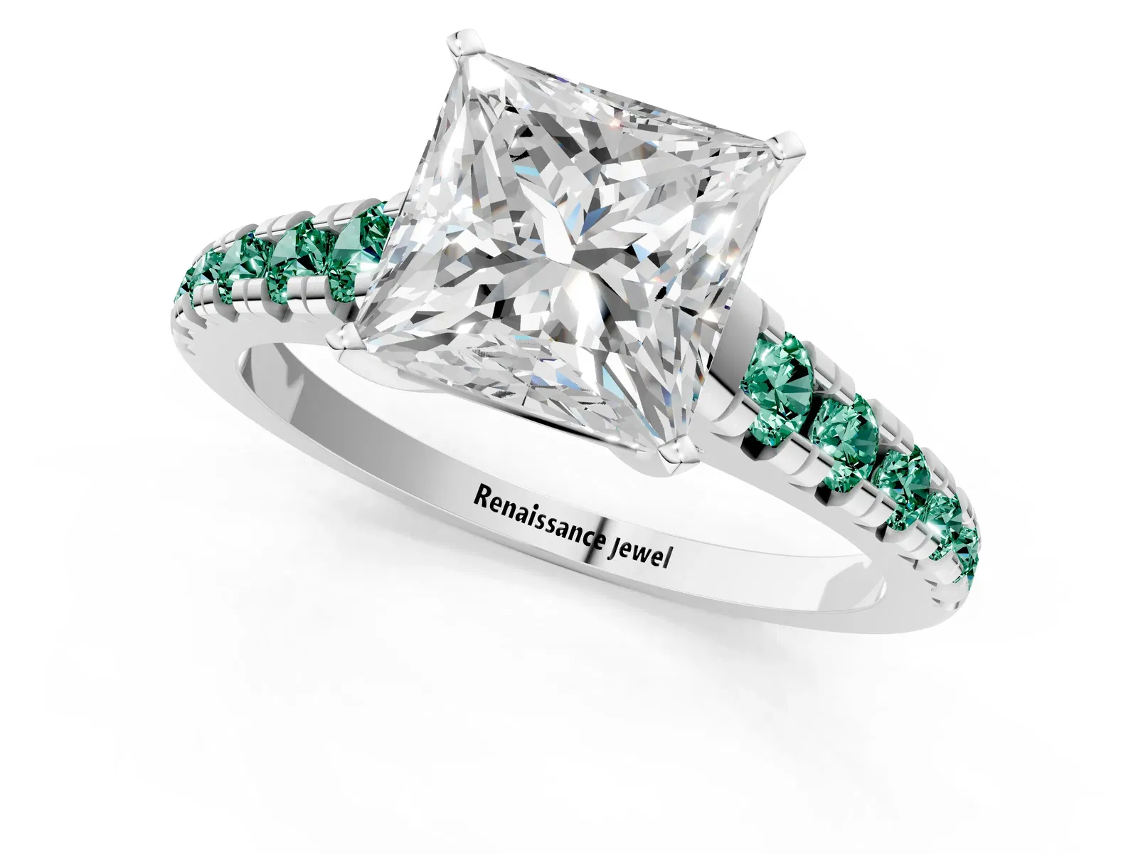 Princess Cut Diamond Cathedral Solitaire Ring with Round Green Sapphire Pavé Band Platinum