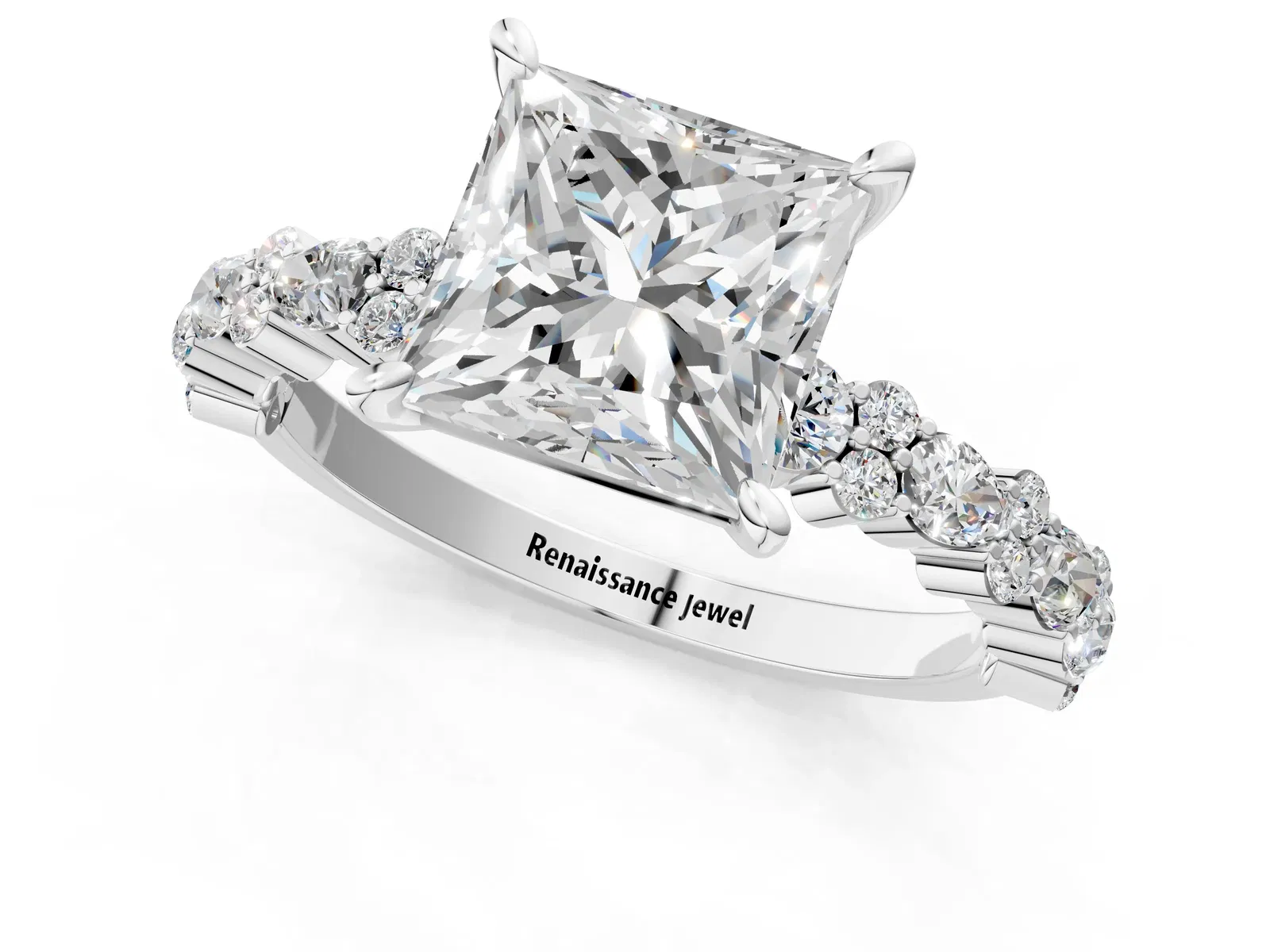Princess Cut Diamond Side Stone Solitaire Ring with Round and Four-Prong Setting Platinum