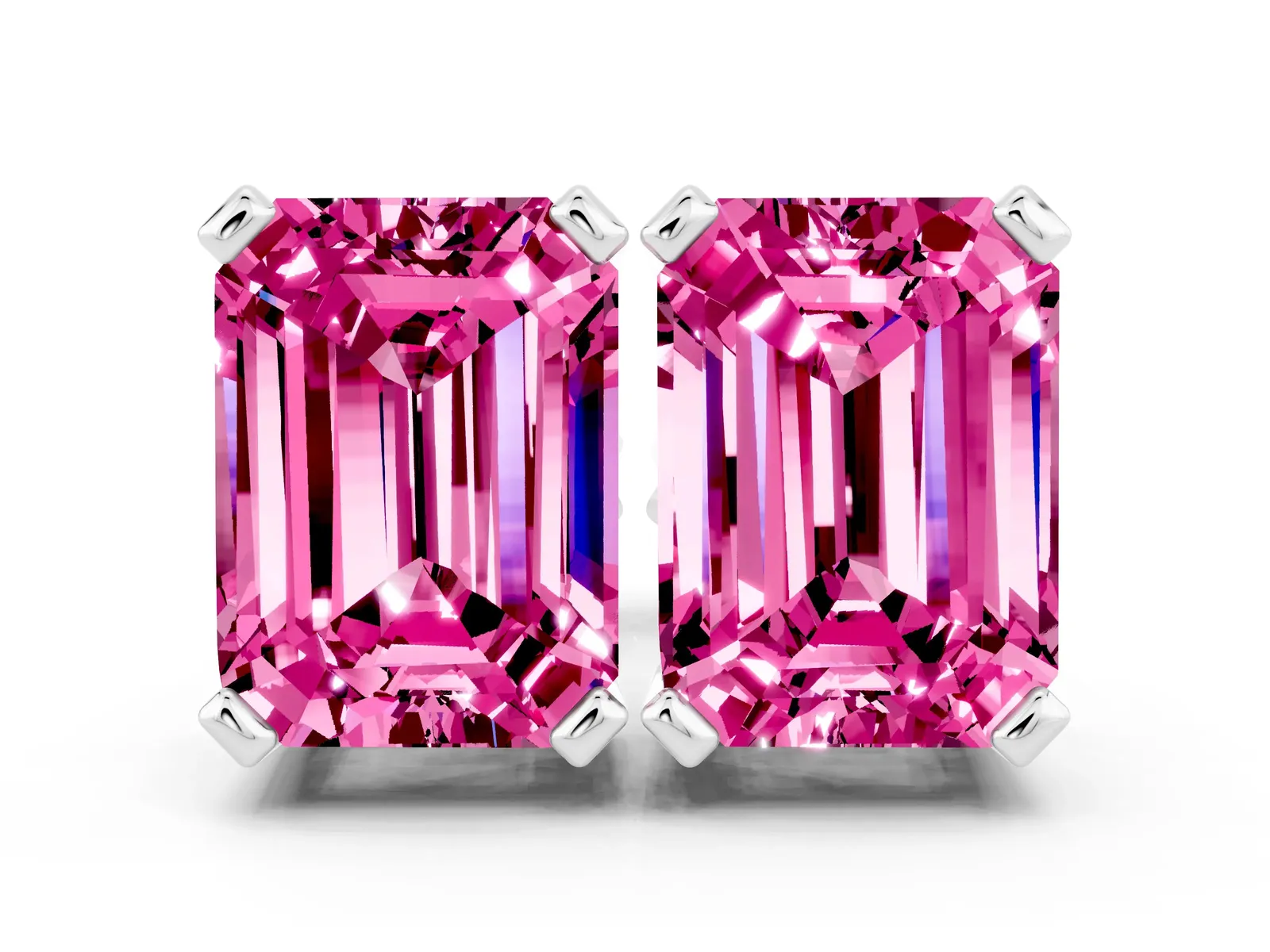 Emerald Cut Pink Sapphire Stud Earrings Silver