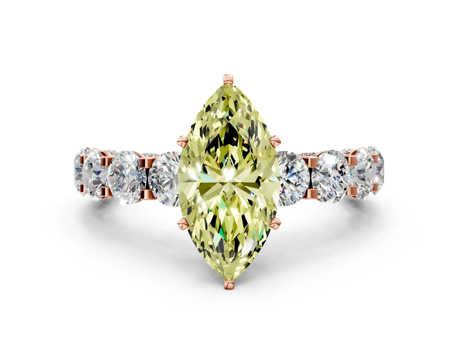 Fancy Yellow Marquise Cut Diamond Side Stone Engagement Ring with Four-Prong Setting Rose gold