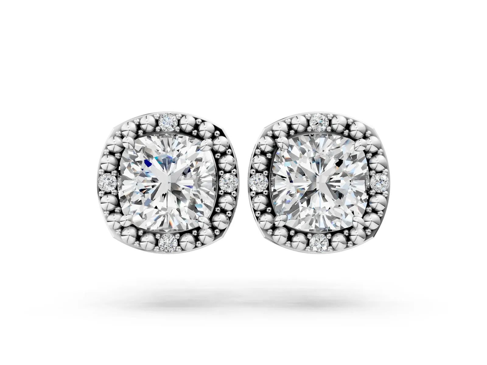 Cushion Diamond Beaded Halo Stud Earrings Silver