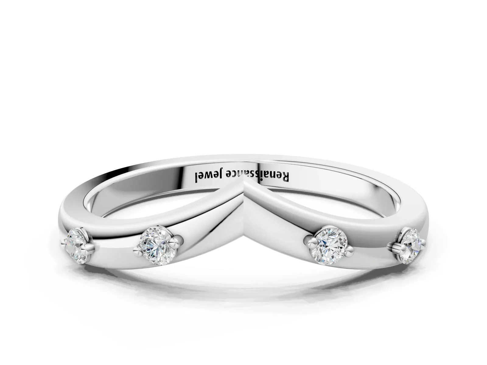 Diamond Chevron Band with Round Stones and Prong Setting White gold