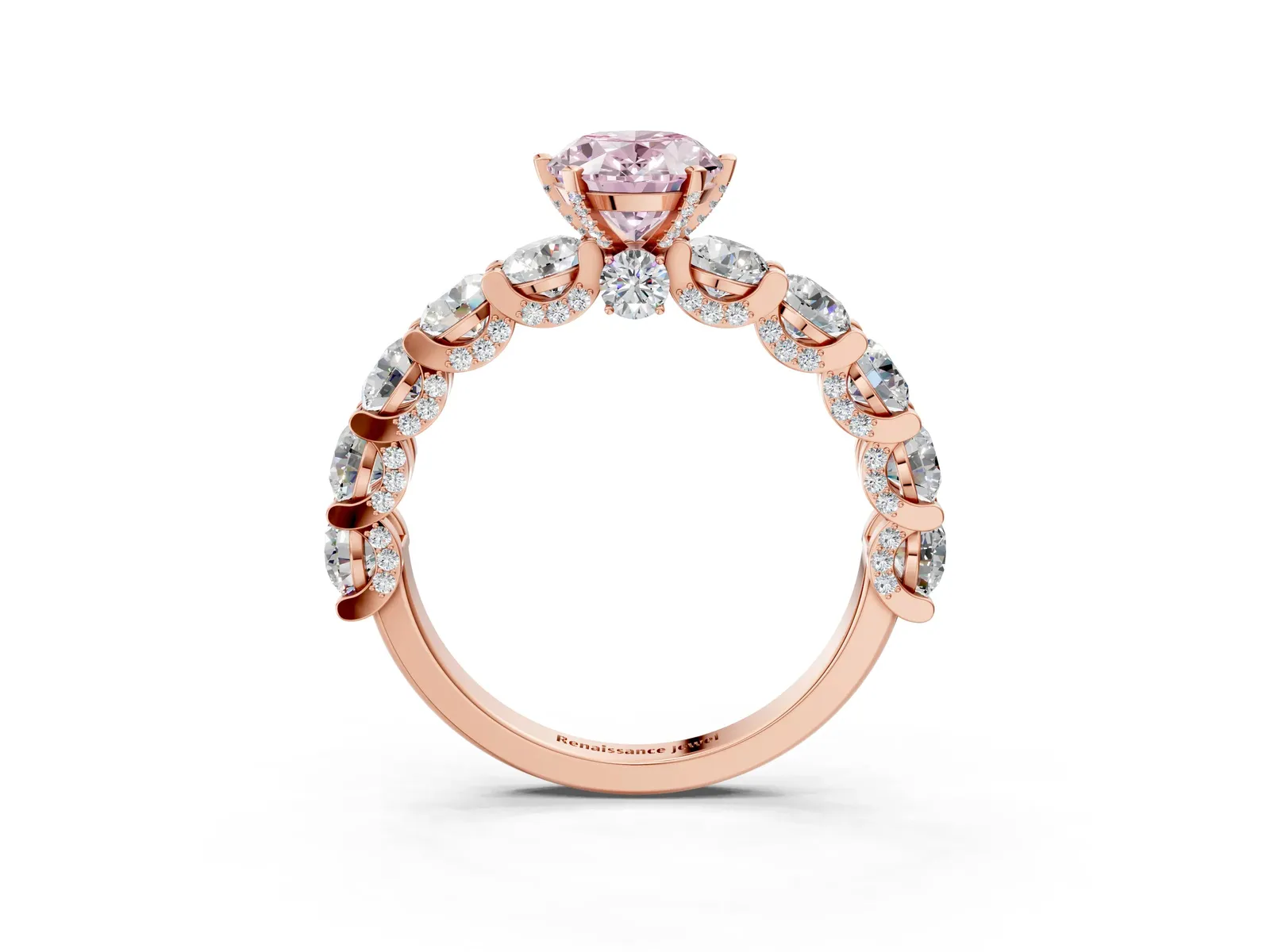 Fancy Pink Oval Cut Diamond Side Stone Engagement Ring with Four-Prong Setting Rose gold