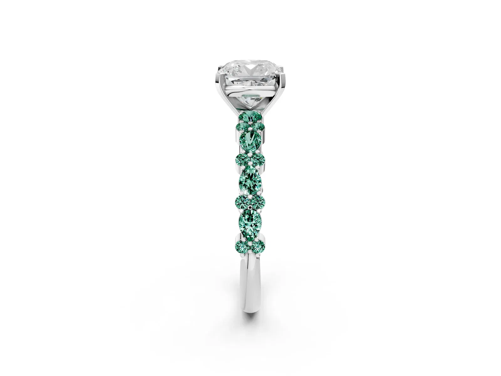 Cushion Cut Diamond Side Stone Solitaire Ring with Round Green Sapphire and Four-Prong Setting Platinum