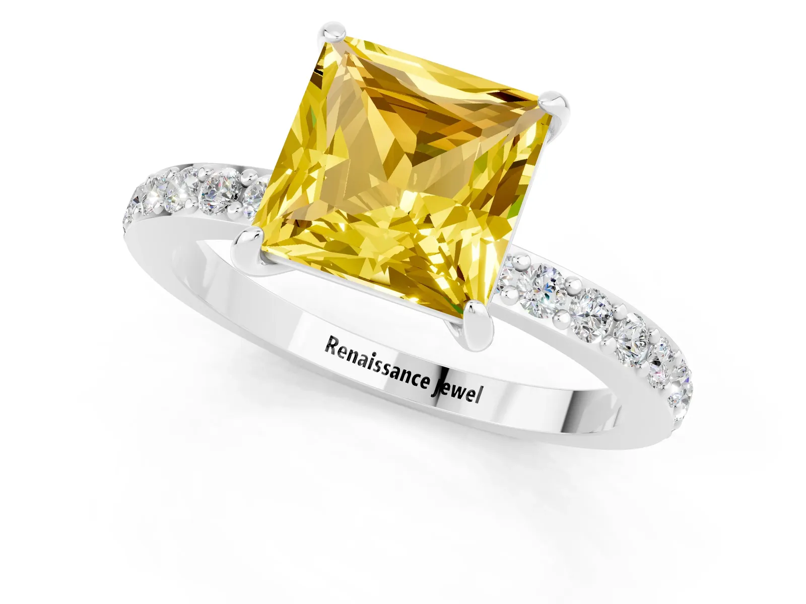Princess Cut Yellow Sapphire Solitaire Engagement Ring with Pavé Band and Four-Prong Setting Platinum