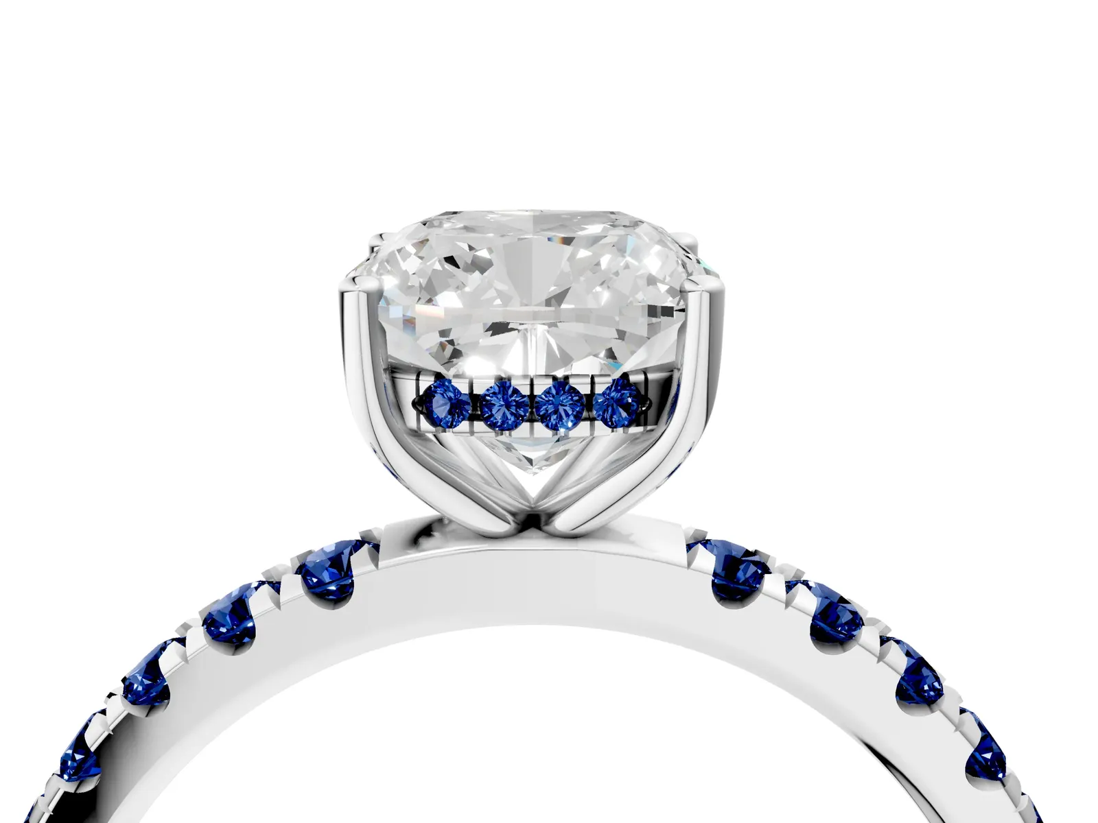 Cushion Cut Diamond Pave Band Solitaire Ring with Round Blue Sapphire and Prong Setting Platinum