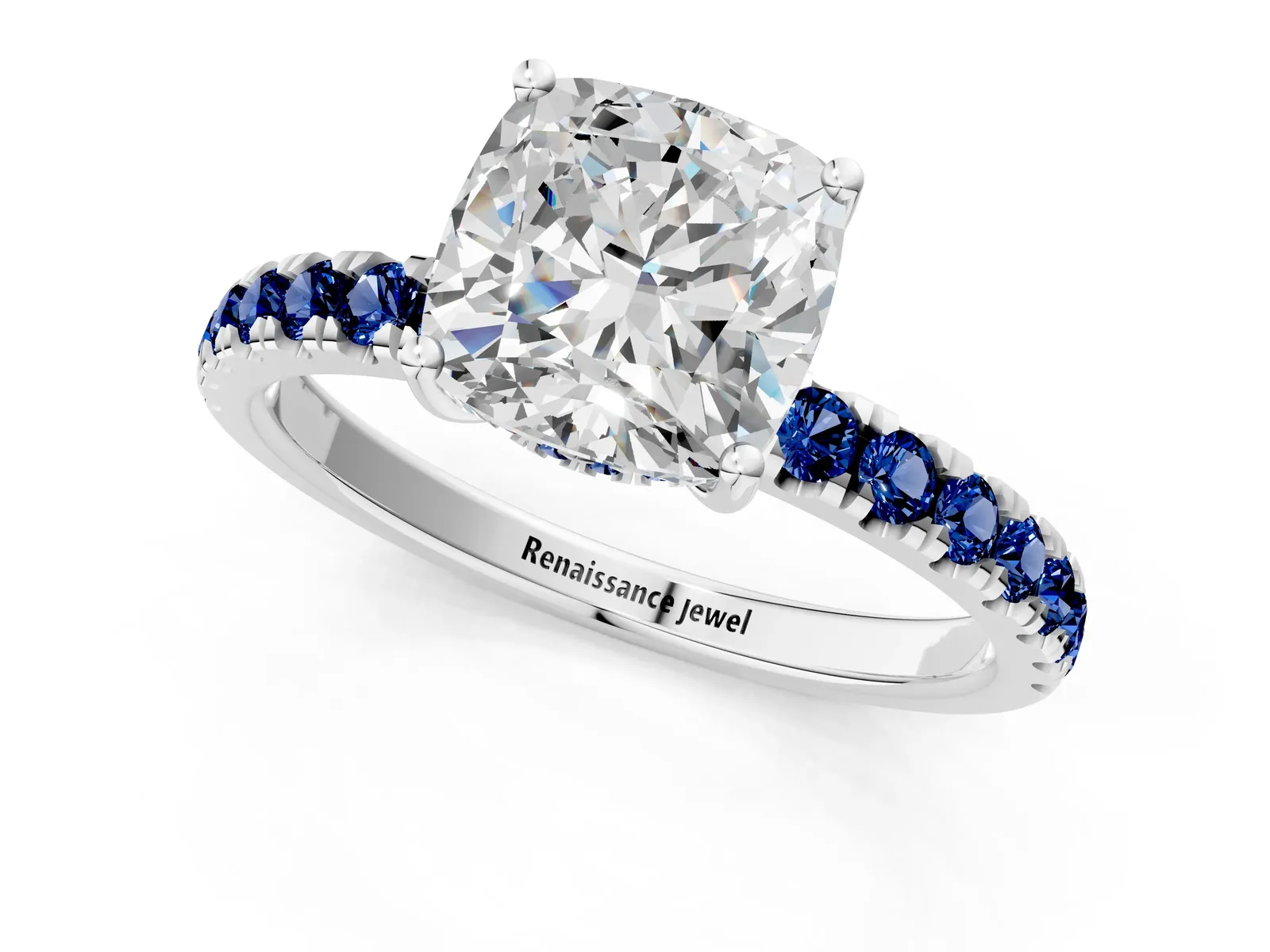 Cushion Cut Diamond Pave Band Solitaire Ring with Round Blue Sapphire and Prong Setting Platinum