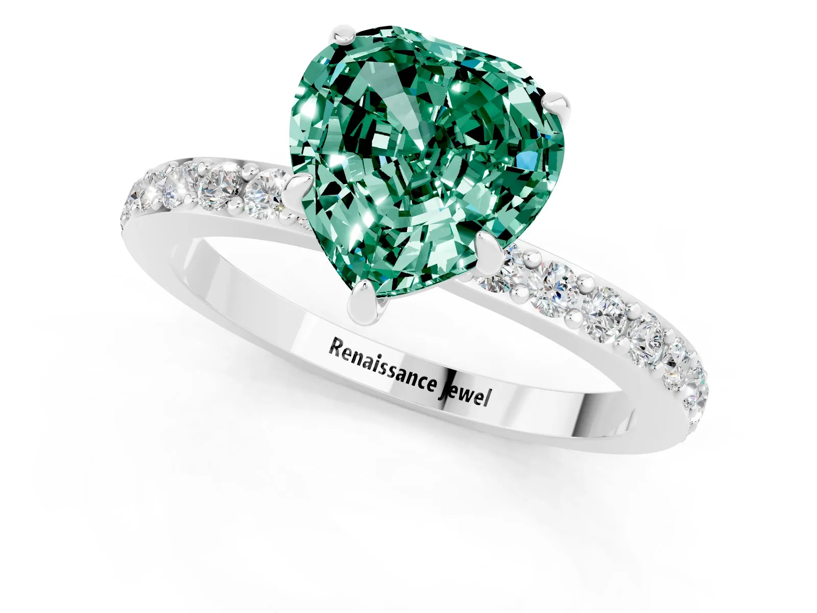Heart Cut Green Sapphire Solitaire Engagement Ring with Pavé Band and Four-Prong Setting Platinum