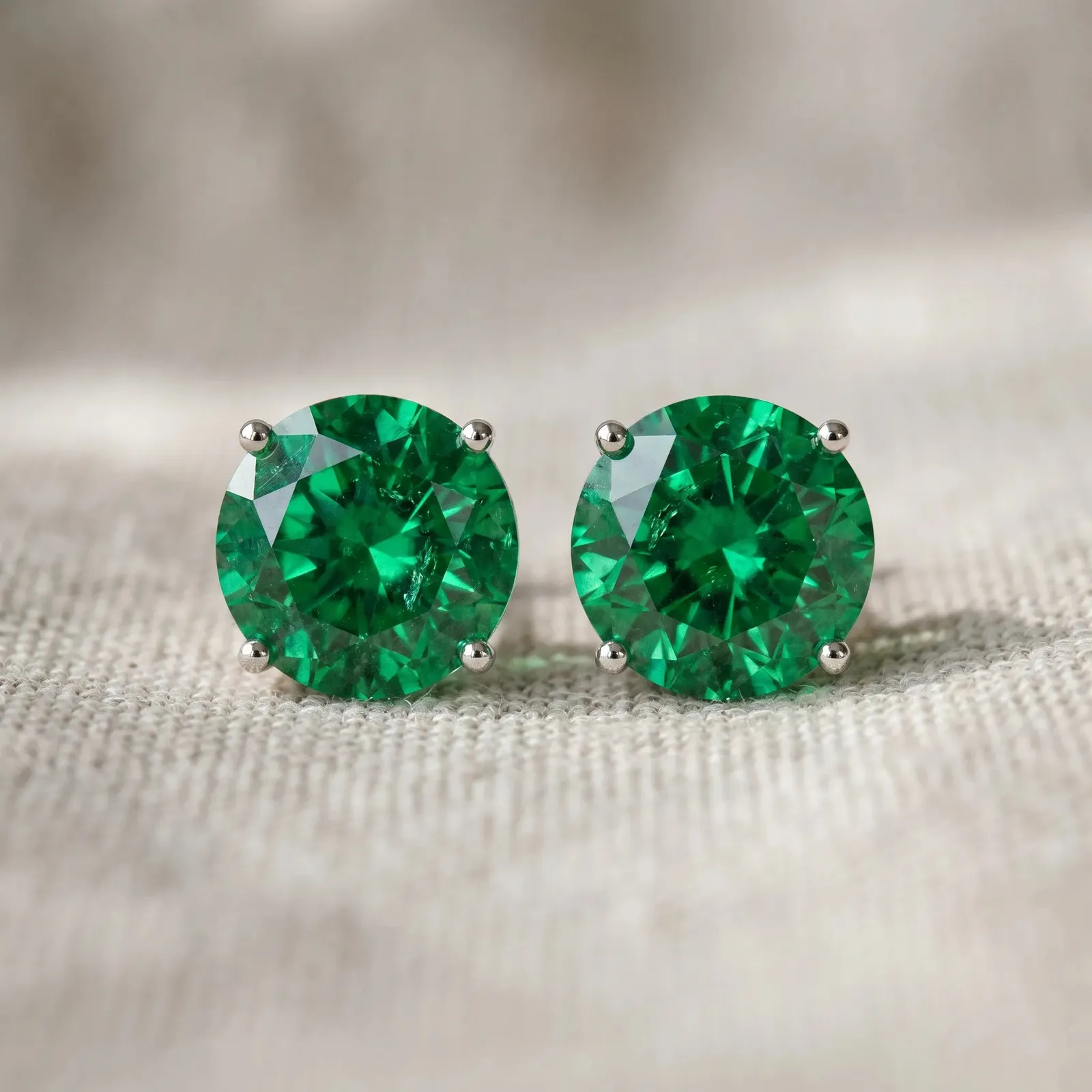 Round Cut Emerald Stud Earrings Silver