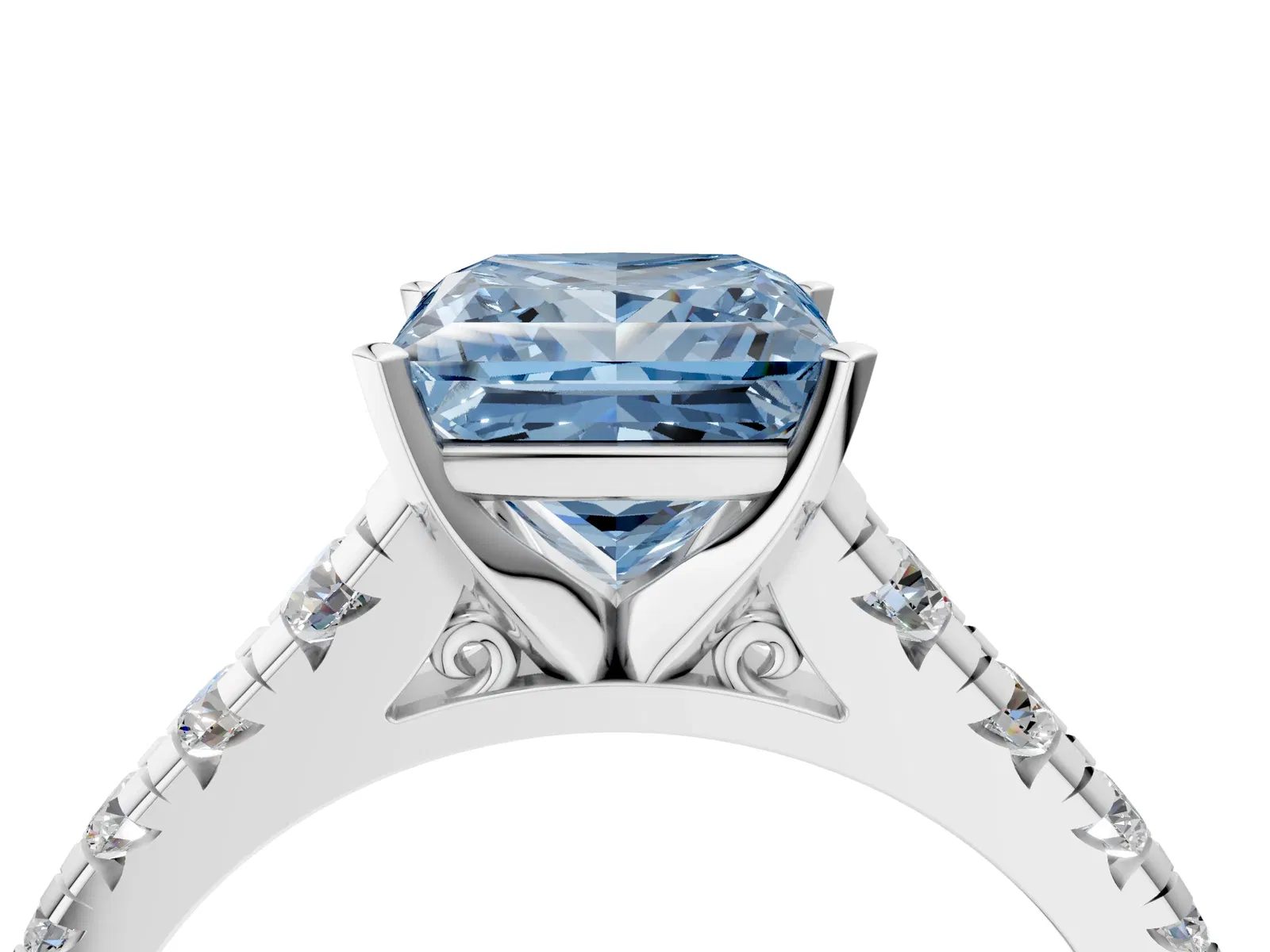 Fancy Blue Princess Cut Diamond Cathedral Solitaire Ring with Round Pavé Band Platinum