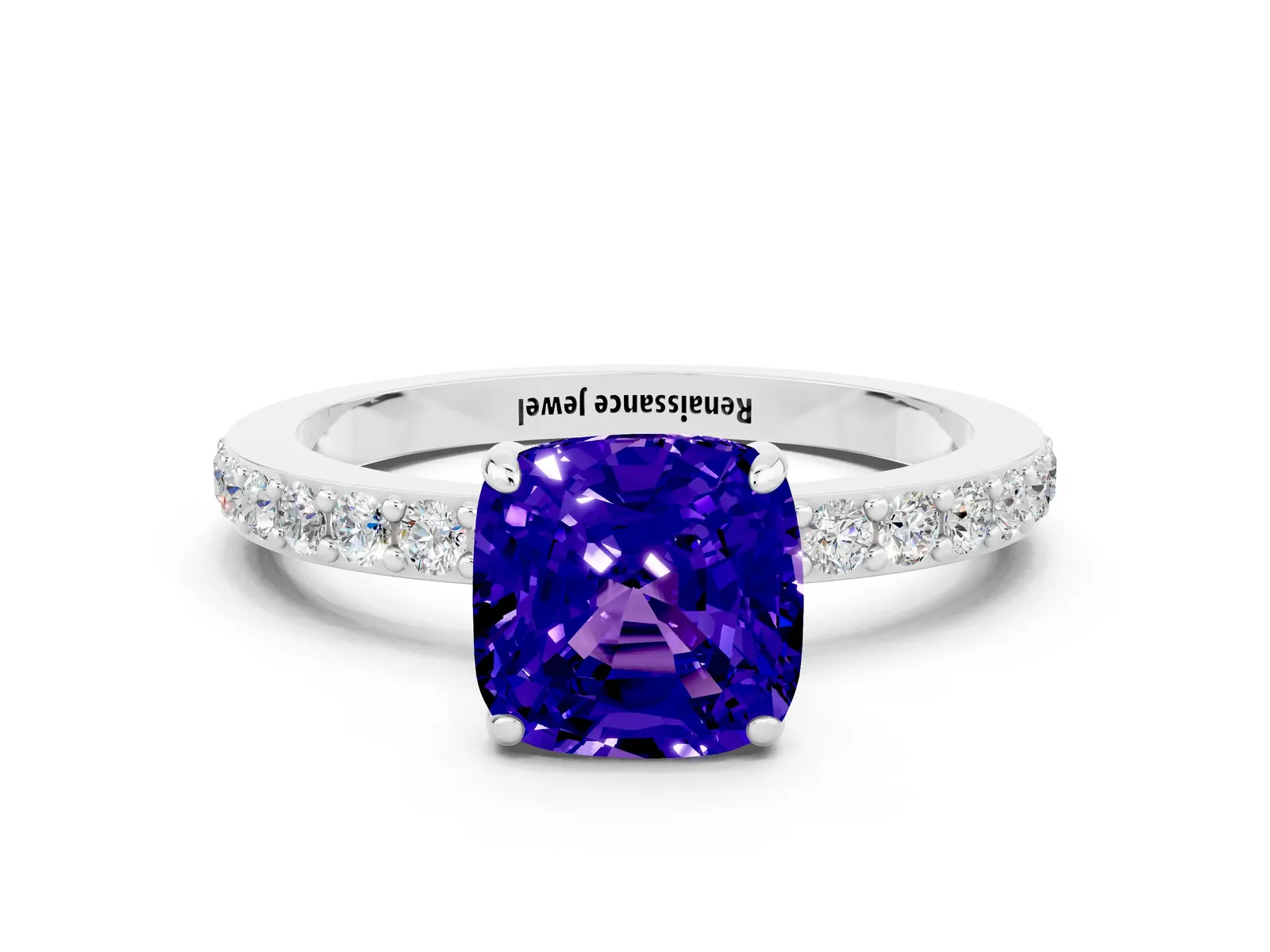 Cushion Cut Tanzanite Solitaire Engagement Ring with Pavé Band and Four-Prong Setting Platinum