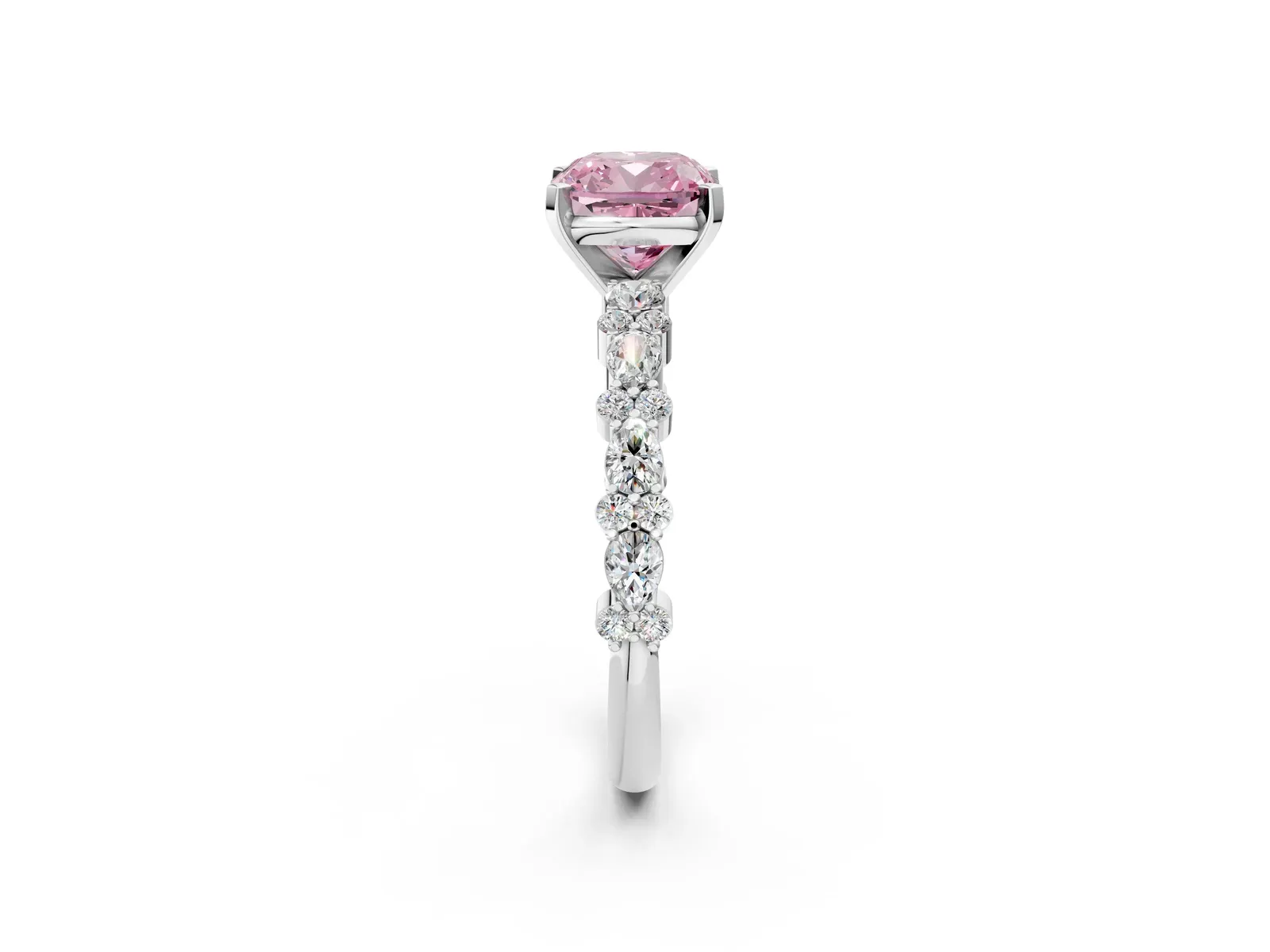 Fancy Pink Cushion Cut Diamond Side Stone Solitaire Ring with Round and Four-Prong Setting Platinum