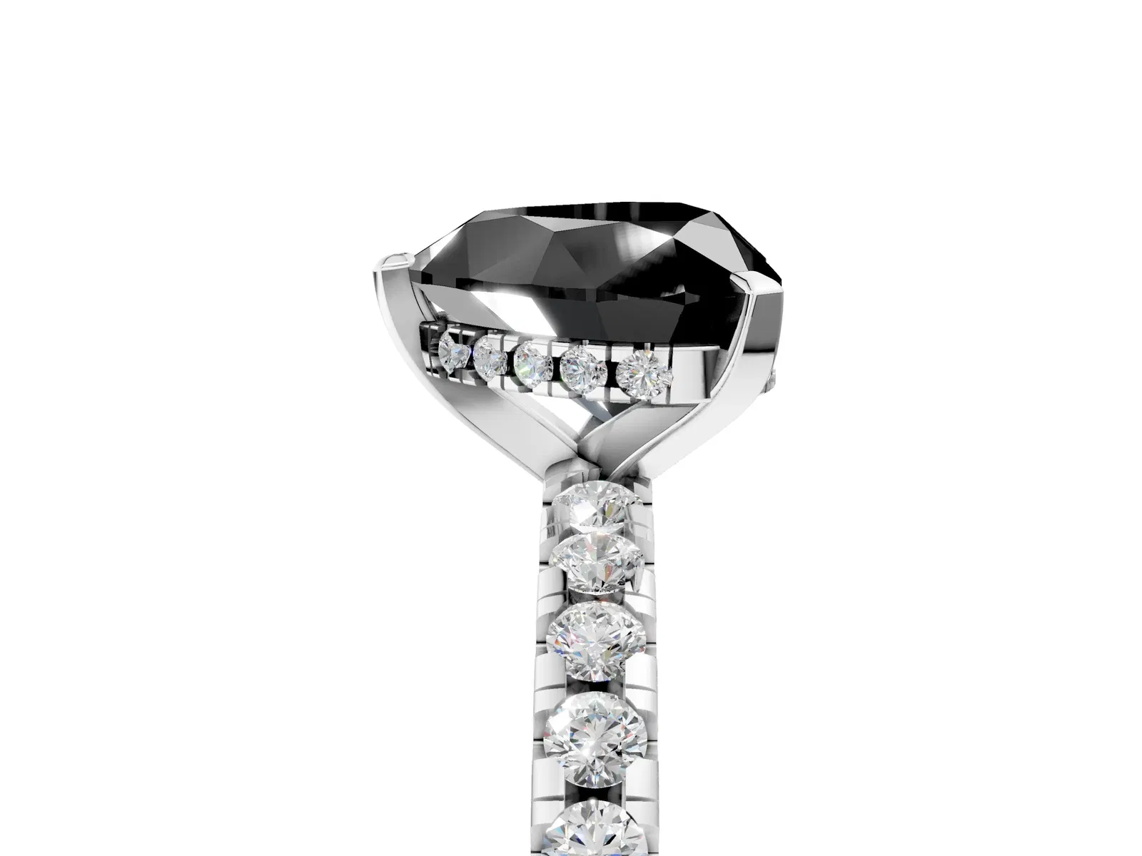 Fancy Black Heart Cut Diamond Solitaire Ring with Round Pavé Band and Four-Prong Setting Platinum
