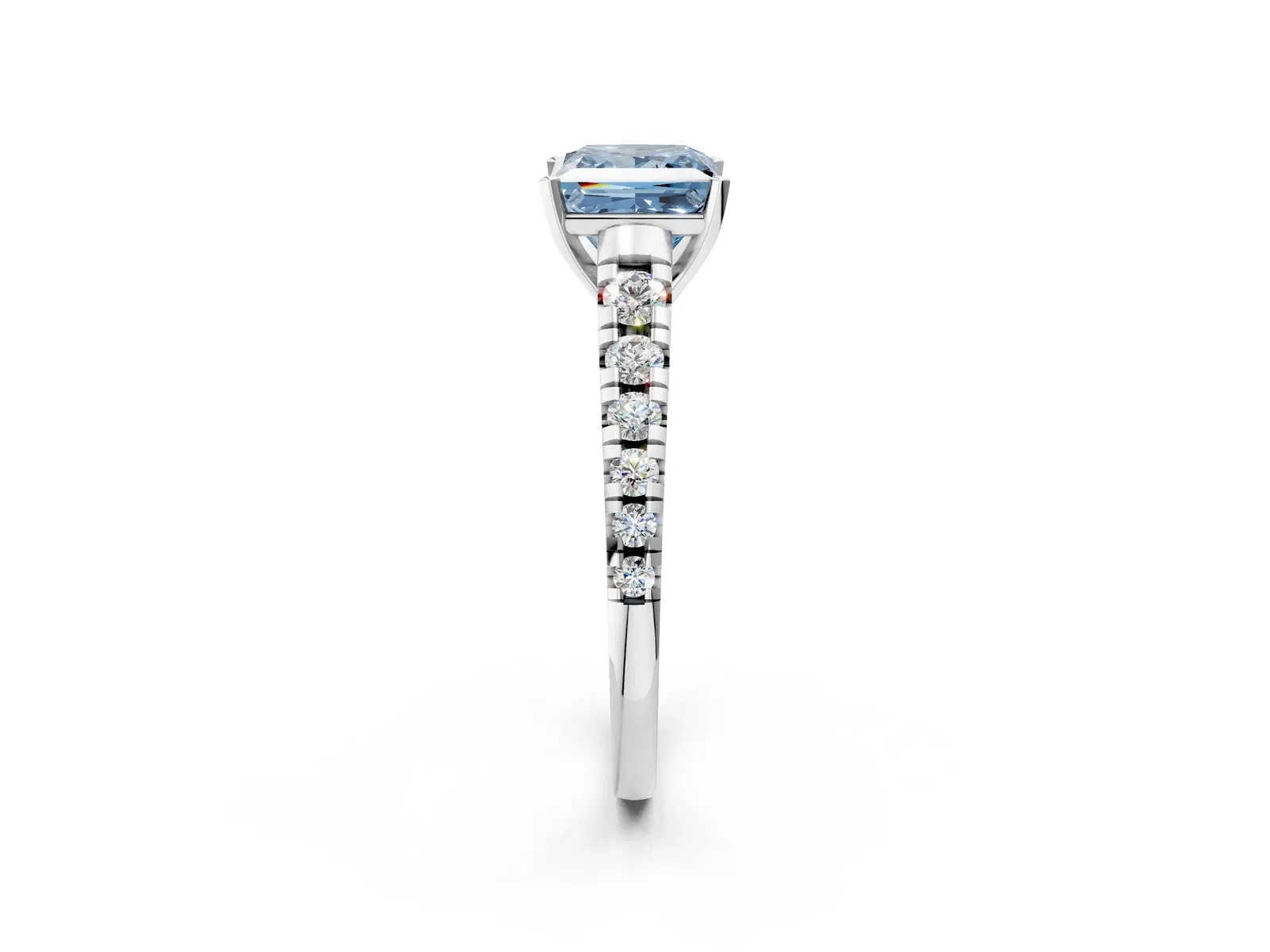 Fancy Blue Princess Cut Diamond Cathedral Solitaire Ring with Round Pavé Band Platinum