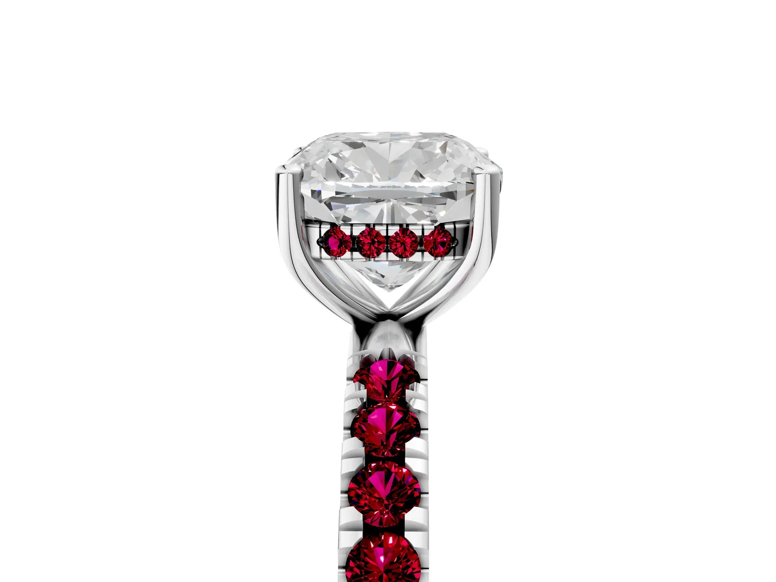 Cushion Cut Diamond Pave Band Solitaire Ring with Round Garnet and Prong Setting Platinum