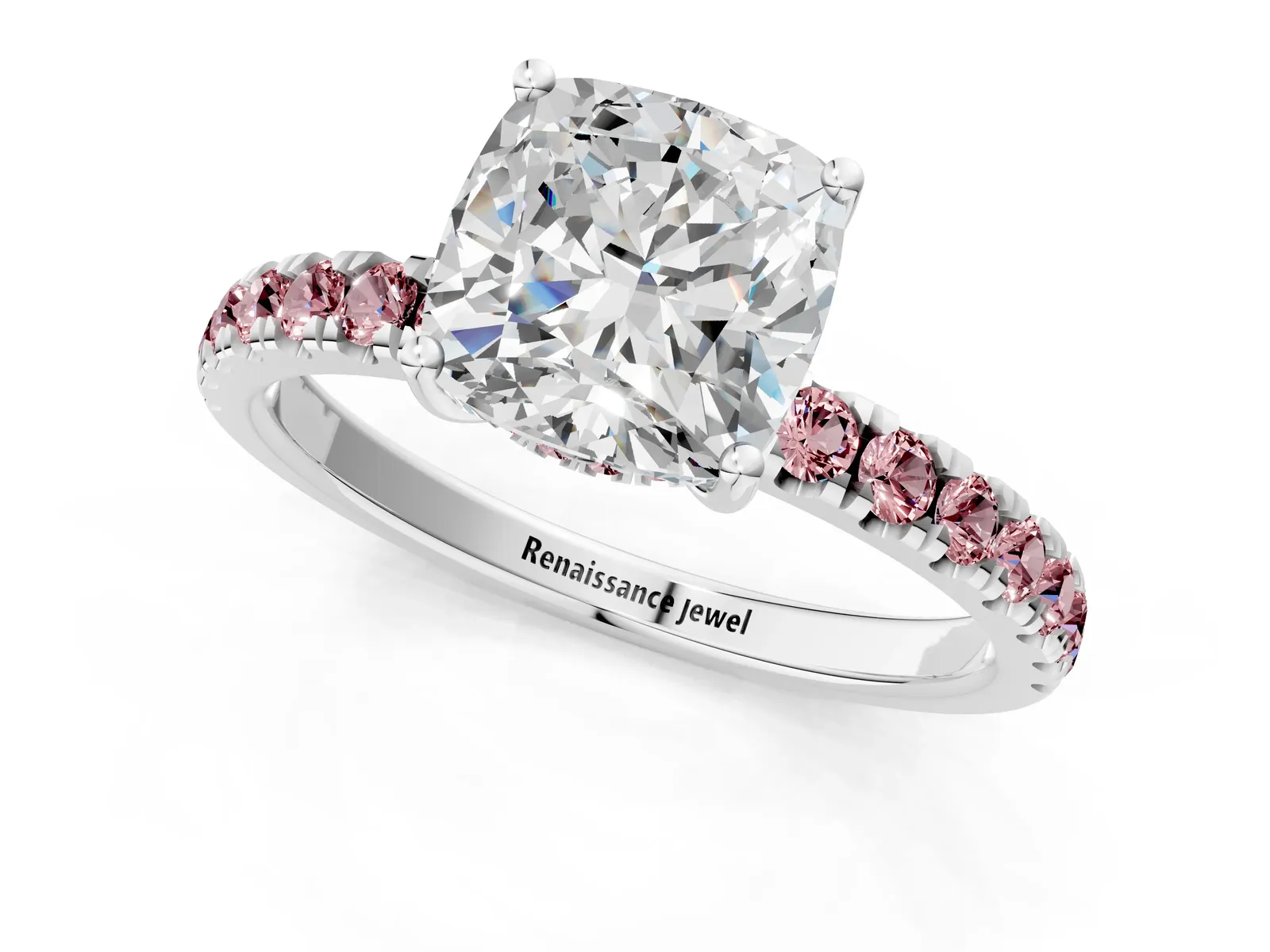 Cushion Cut Diamond Pave Band Solitaire Ring with Round Morganite and Prong Setting Platinum