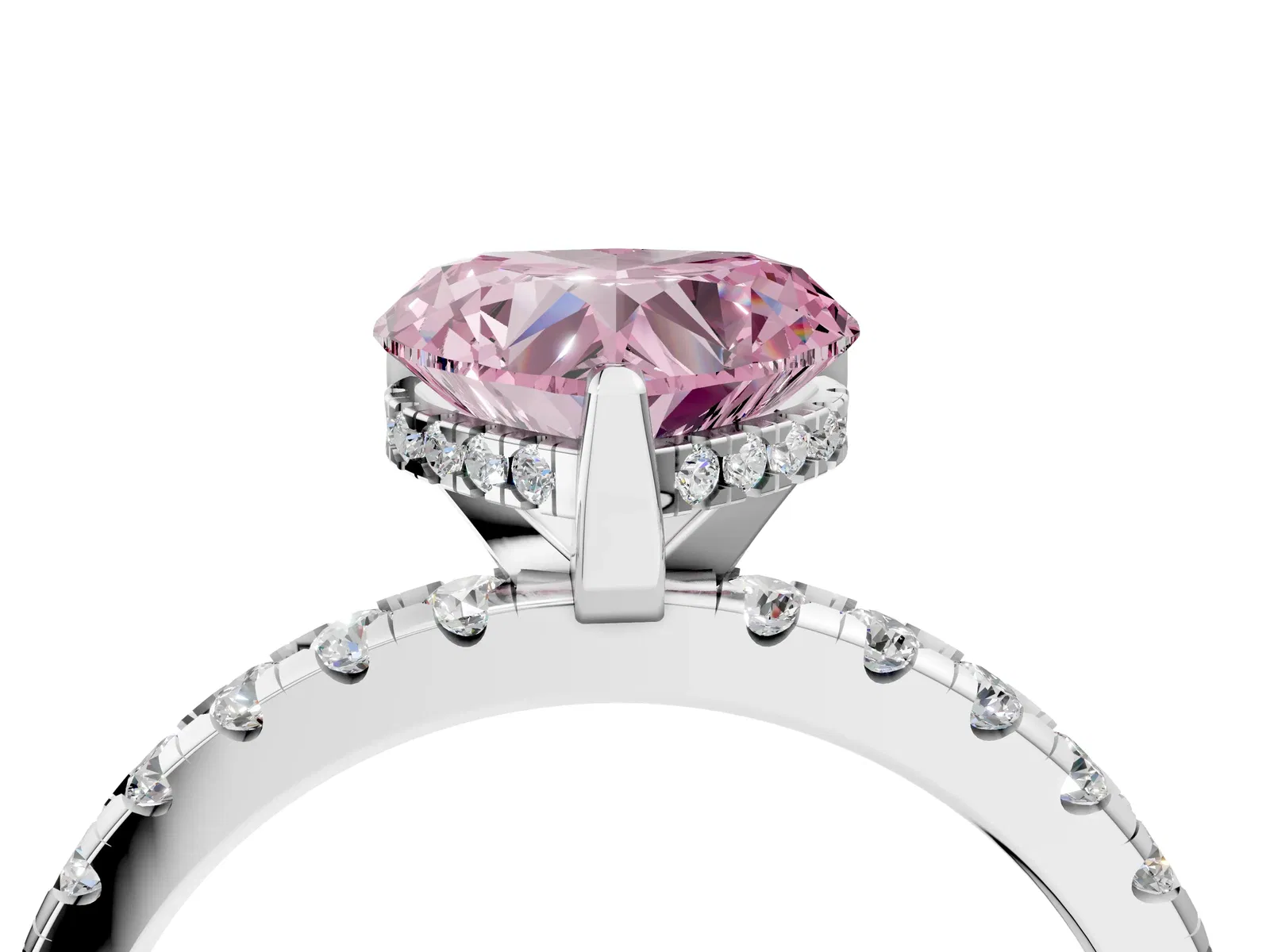 Fancy Pink Heart Cut Diamond Solitaire Ring with Round Pavé Band and Four-Prong Setting Platinum