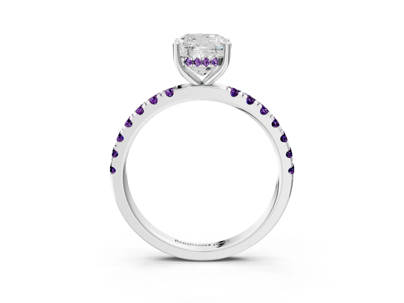 Cushion Cut Diamond Pave Band Solitaire Ring with Round Amethyst and Prong Setting Platinum