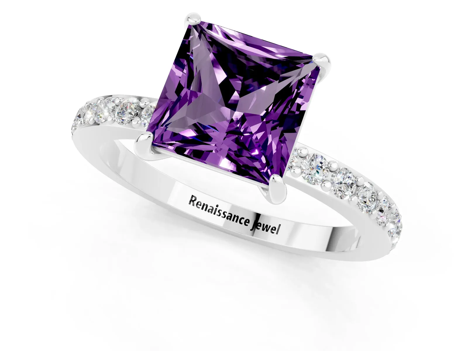 Princess Cut Amethyst Solitaire Engagement Ring with Pavé Band and Four-Prong Setting Platinum