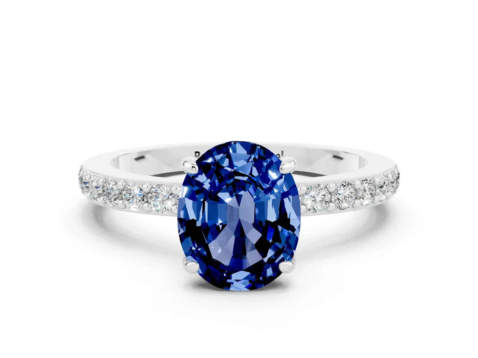 Oval Cut Blue Sapphire Solitaire Engagement Ring with Pavé Band and Four-Prong Setting Platinum