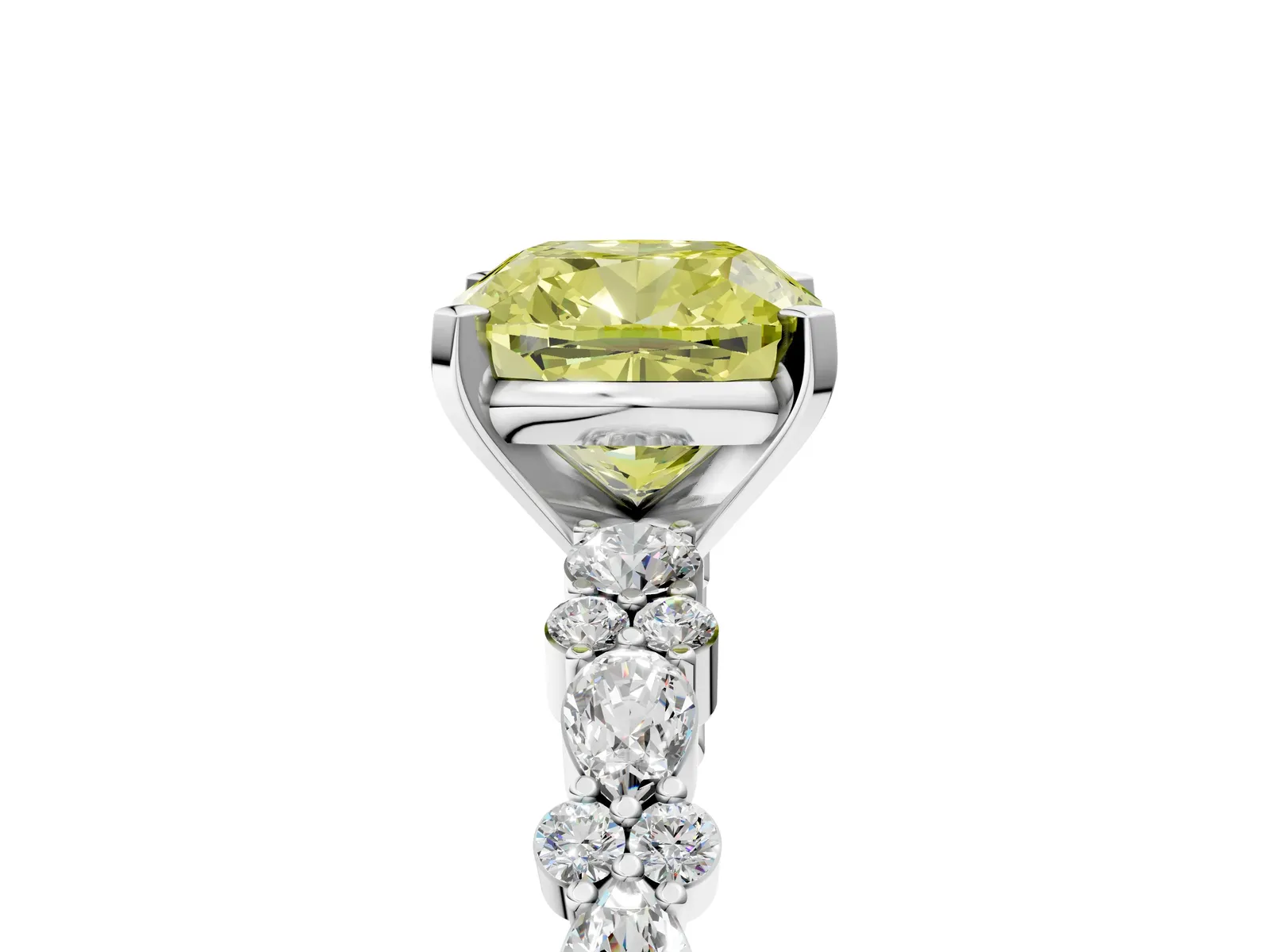 Fancy Yellow Cushion Cut Diamond Side Stone Solitaire Ring with Round and Four-Prong Setting Platinum